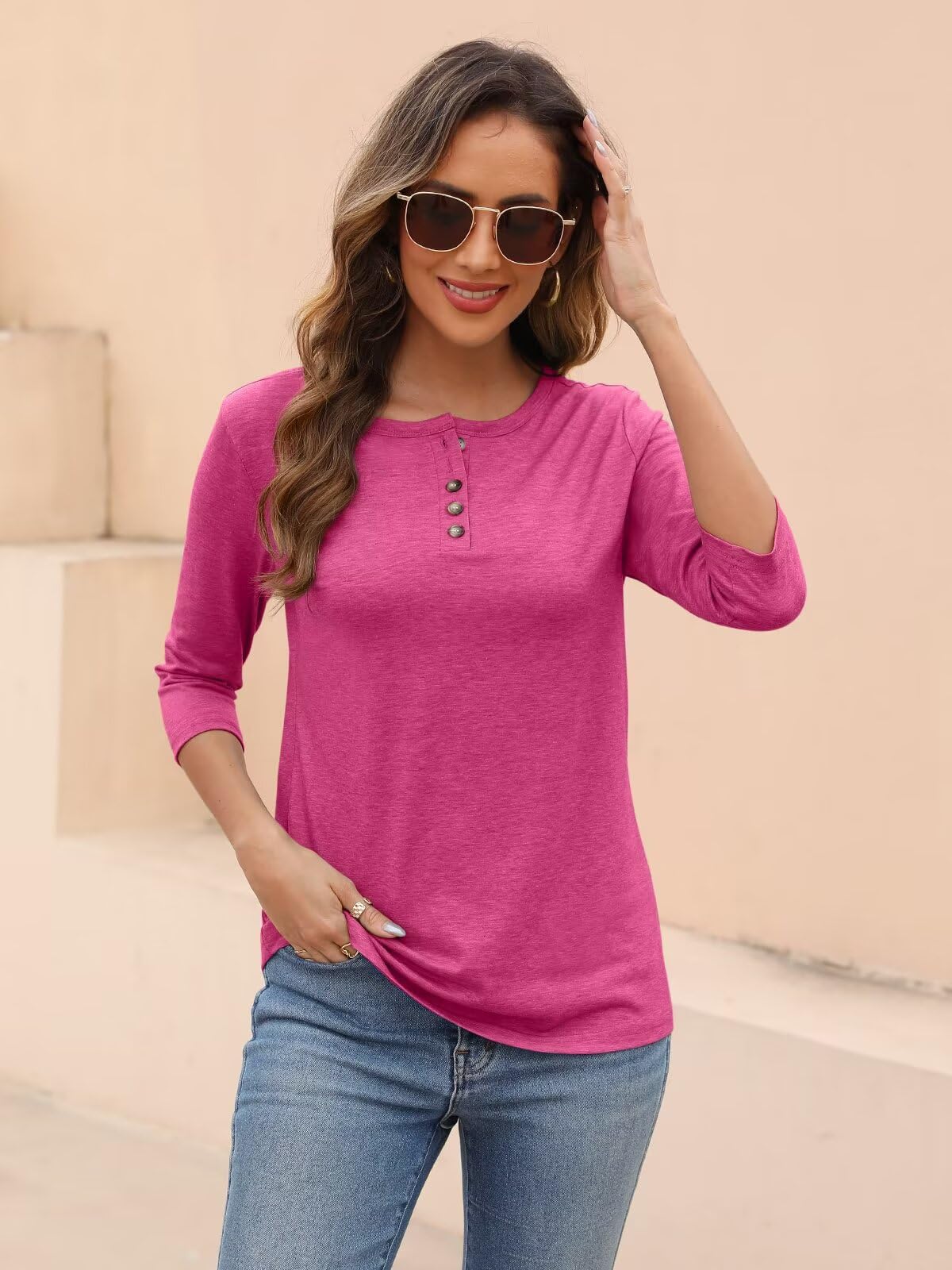EADINVE Camiseta básica de manga 3/4 con cuello redondo para mujer, con botones, holgada, bonita, tipo túnica, sin botones