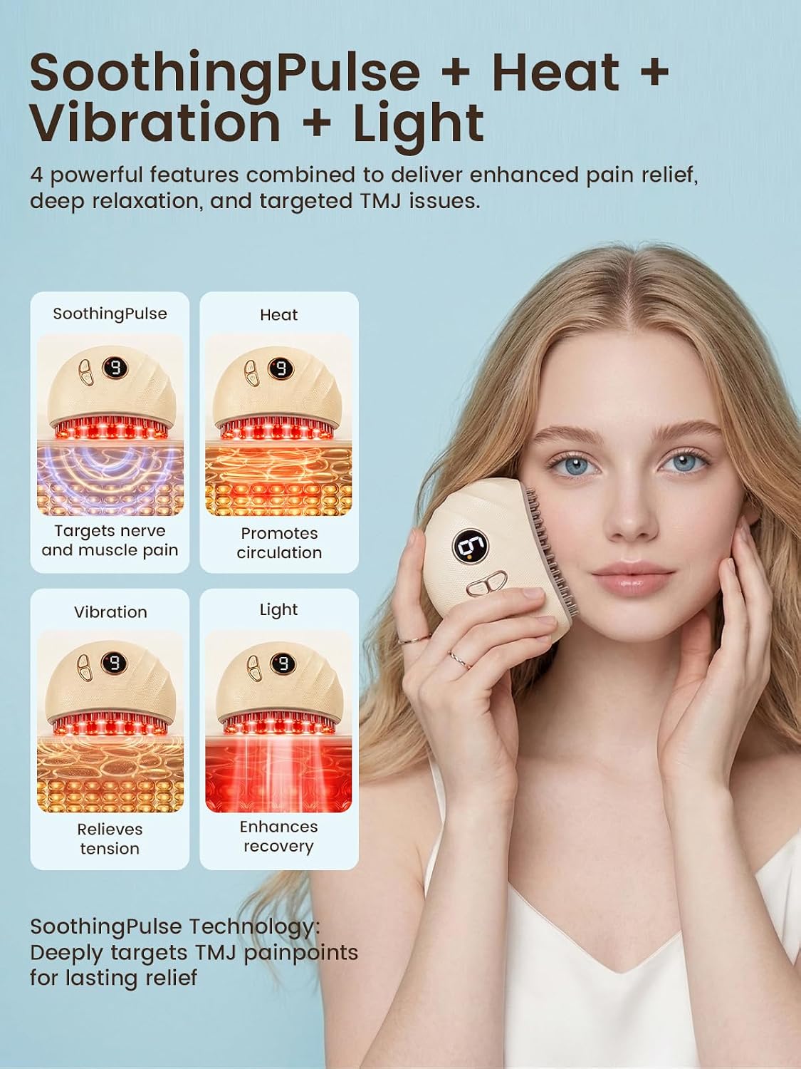 Condition photo showing New/Like New for tmj relief products jaw, tmj relief massager, vibration and heating, ergonomic multi-needle design tmj massage tool, effective jaw & neck pain, grinding and clenching teeth relief - white