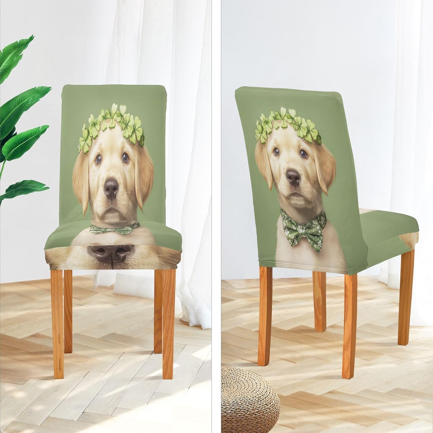 ALAZA Chair Covers for Dining Room, St. Patrick's Day Labradorwearing Headband Clover Leaves Green Stretch Chair Cover Sets Chair Protector Removable Washable for Ktichen Restaurant Hotel