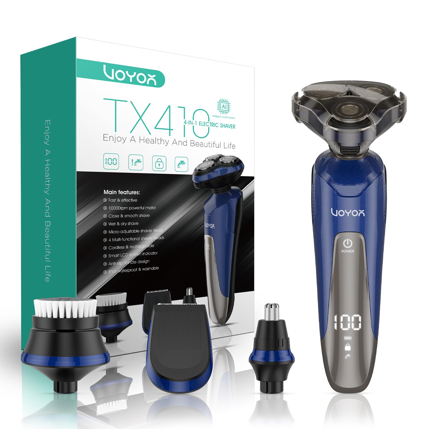 VOYOR Máquina de Afeitar Afeitadora Eléctrica Recargable Para Hombres, Recortadora de Barba, Juego de Afeitadora En Húmedo y Seco TX410(Azul)