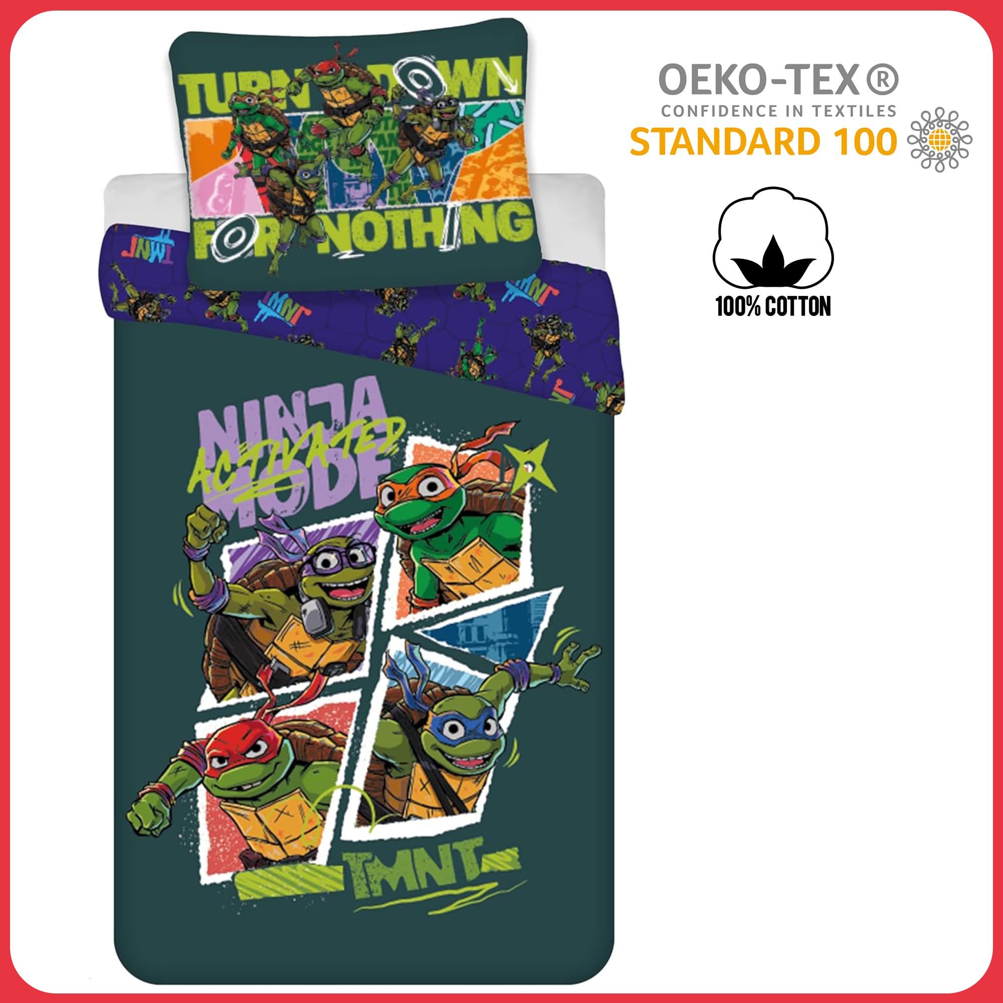 BrandMac TMNT - Set di biancheria da letto per bambini, reversibile, 100 x 135 cm, con federa 40 x 60 cm, 100% cotone, motivo tartarughe ninja per bambini