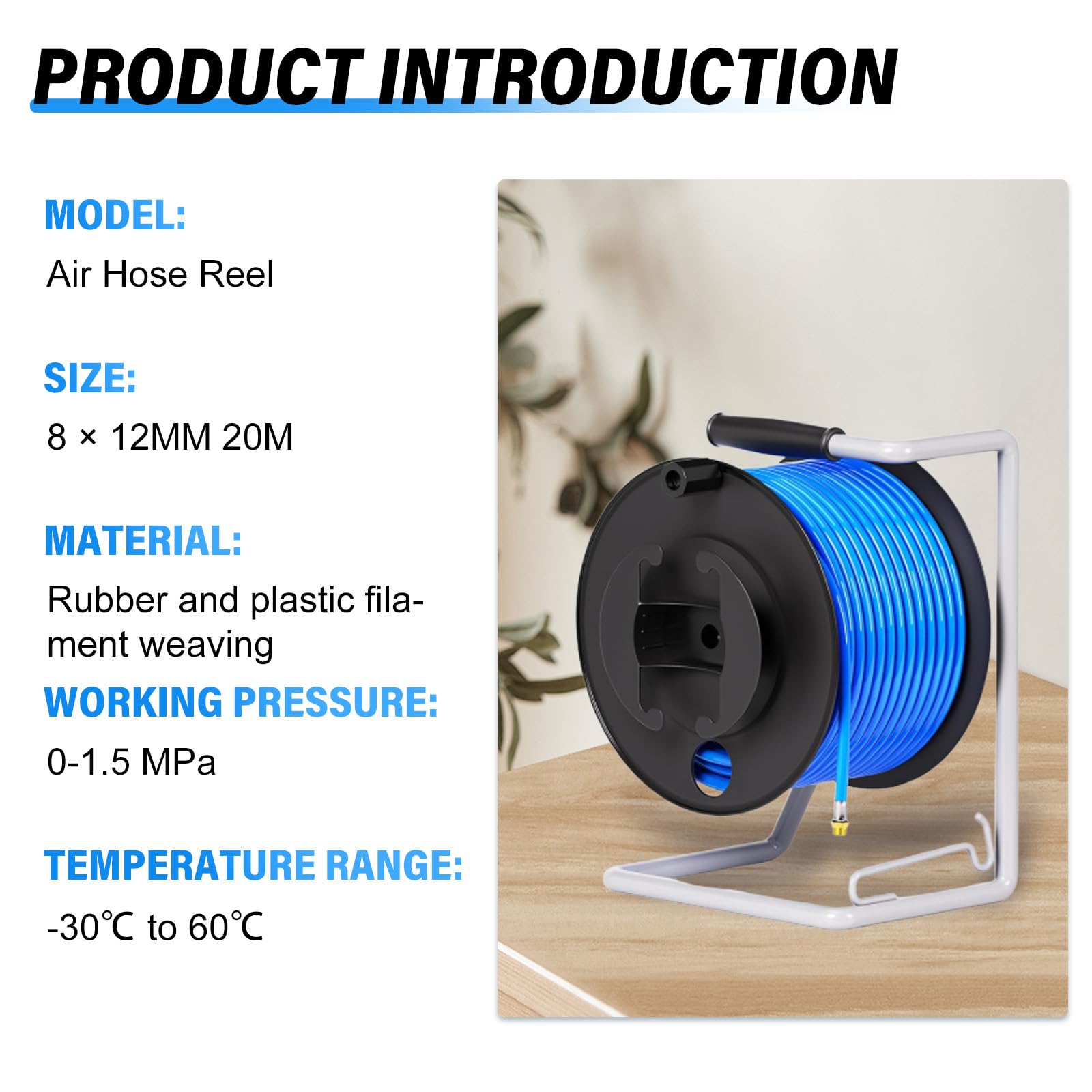 TAILONZ 1/2" x 20M Carrete Manguera Neumática con Racores 1/4" BSP | Kit completo para taller, reparación de coches, manguera retráctil, sistema neumático.