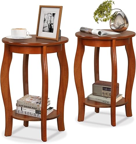 Giantex Mesa auxiliar redonda de 2 niveles, mesa de teléfono de niveles estrechos con estante de almacenamiento, patas de madera maciza, mesa
