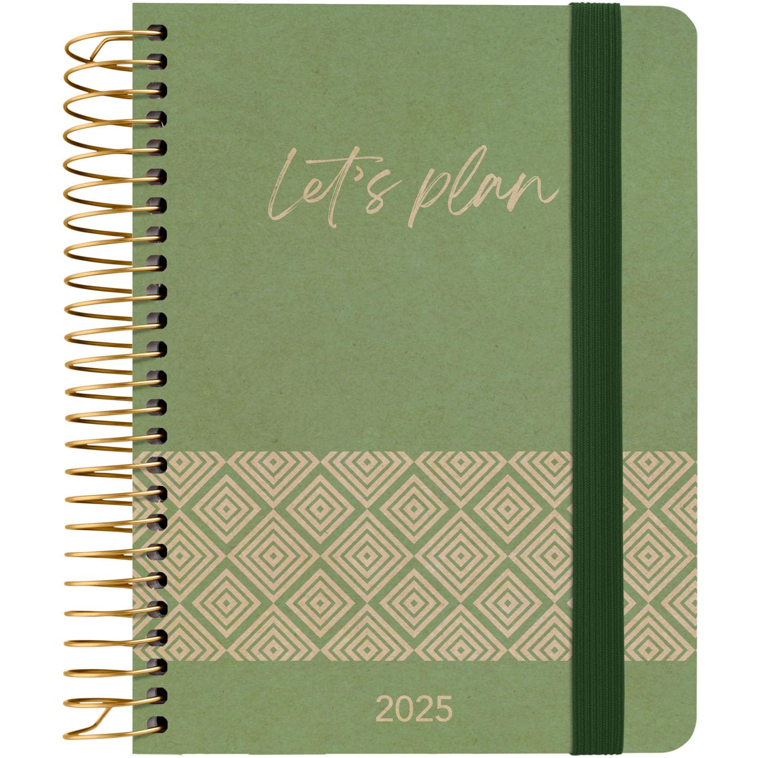 Grafoplas | Weekly View Agenda 2025 a6 | Nature Concept Green | Spanish | Spiral | Hard Cover Kraft Paper and Recycled Cardboard | Elastic Closure | January to December | Includes Stickers | FSC