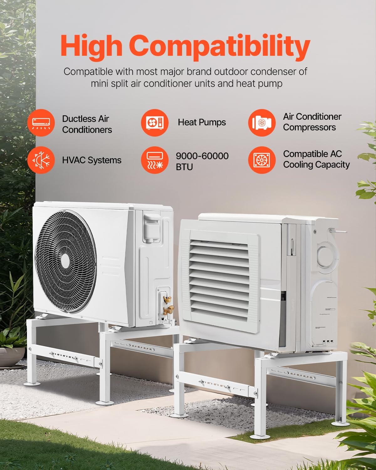 VEVOR Mini Split Ground Stand, Adjustable Anti-Vibration Mini Split Stand for 9000-60000 BTU Ductless Air Conditioner Heat Pump, Heavy Duty AC Base Bracket Floor Mount w/ 770LBS Max. Load Capacity