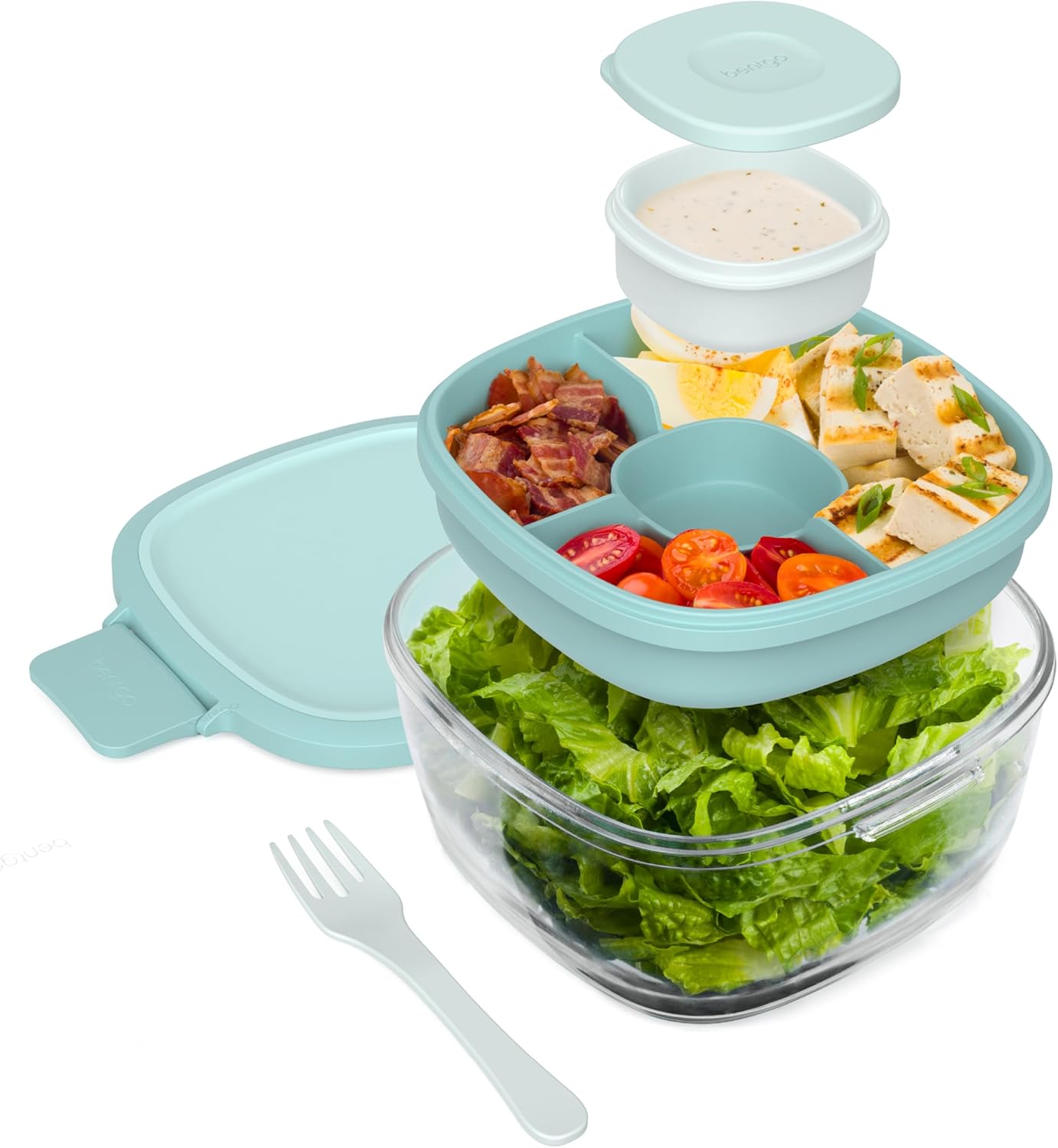 Bentgo Glass Salad Container – 7.6-Cup Salad Bowl with Airtight Lid, Leak-Proof Sauce Container, 4-Compartment Bento Tray & Reusable Fork – BPA-Free for Meal Prep, Office & More (Coastal Seaglass)