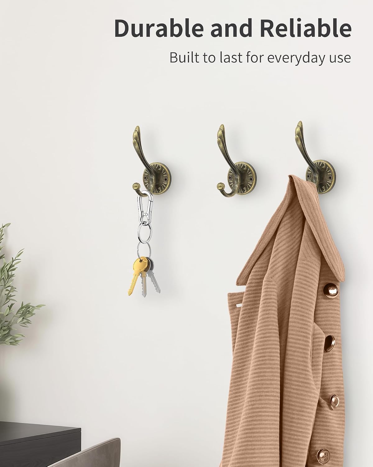 Vintage Wall Hooks, Decorative Wall Mounted Hooks for Hanging Key Coat Hat Purse Towel Robe, Farmhouse Metal Hangers for Entryway Bathroom Closet, Antique Bronze, 5 Pack image 4