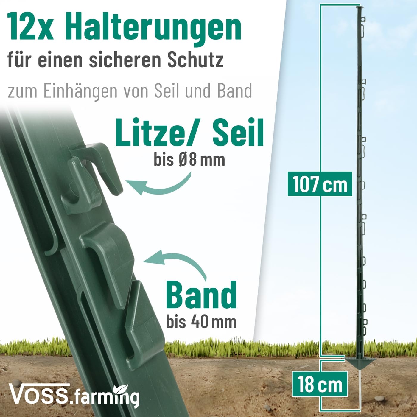 VOSS.farming 20x Kunststoffpfähle 125cm 12 Ösen grün Weidezaunpfahl glasfaserverstärkt Doppeltritt
