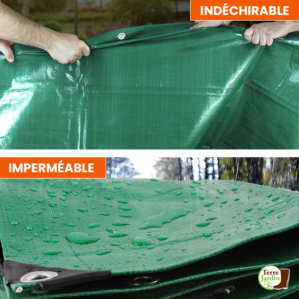 TERRE JARDIN Bâche de Protection Polyéthylène 240 g/m², Extérieur Bâche Imperméable, Ultra Lourde et Résistante, Anti UV - Bâche Bois de Chauffage, Chantier - 4 x 5 - Vert