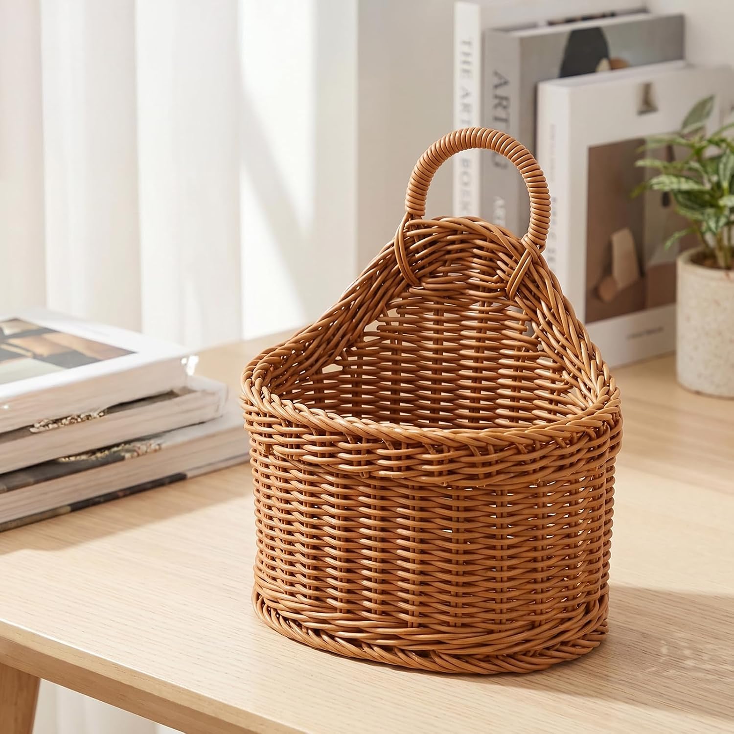 2 Pcs Hanging Wall Basket for Pantry Storage, Woven Wall Baskets for Onion Garlic Potato, Boho Decorative Basket Organizer for Kitchen Living Room, Washable PP Plastic Bin 7.48x3.94x8.27 Inch