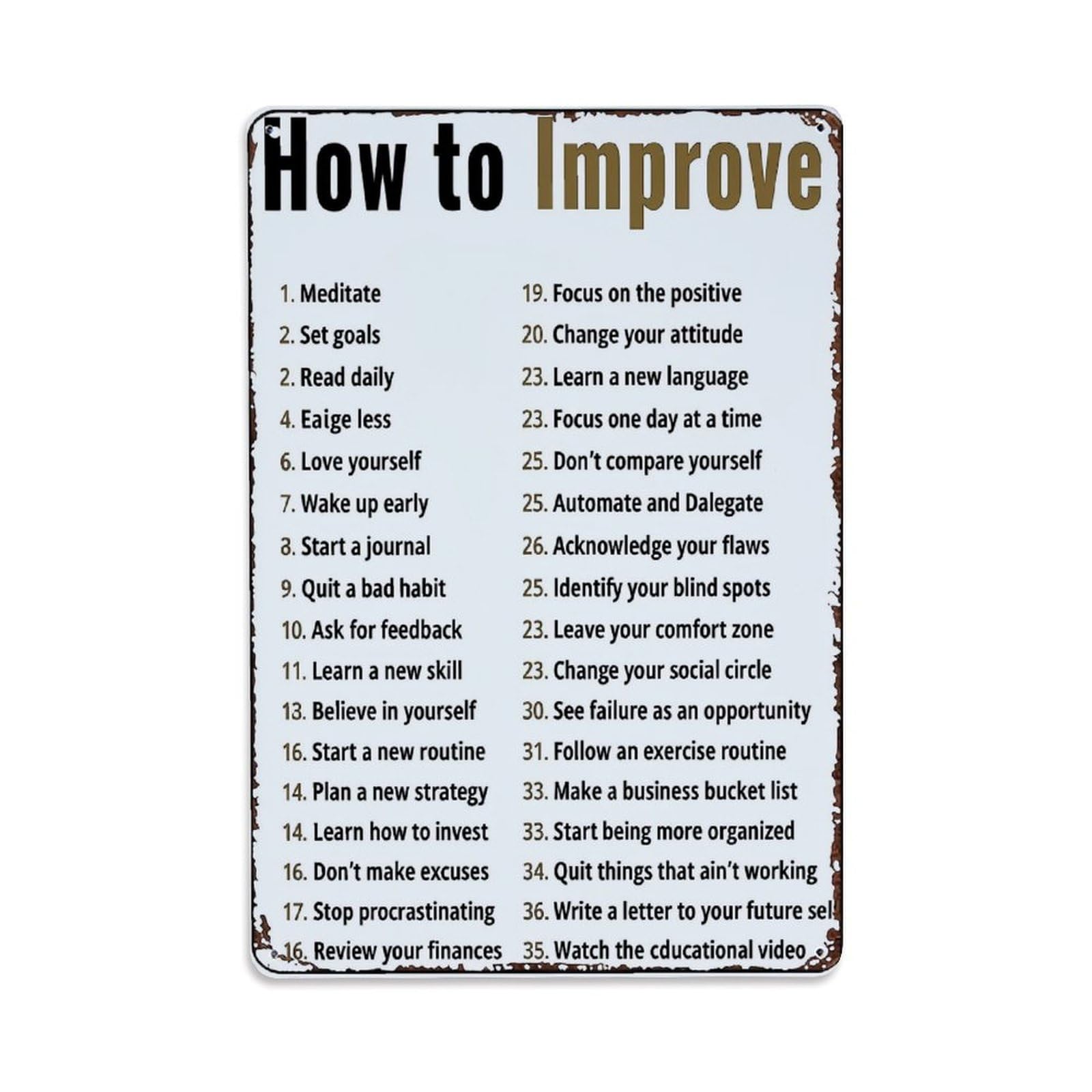 Jdyaojiesheng Vintage How To Improve List Pattern Tin Sign Retro Metal Wall Decor Metal Poster, Home Bar Garage Farmhouse Cafe Wall Art Decoration 8X12inches