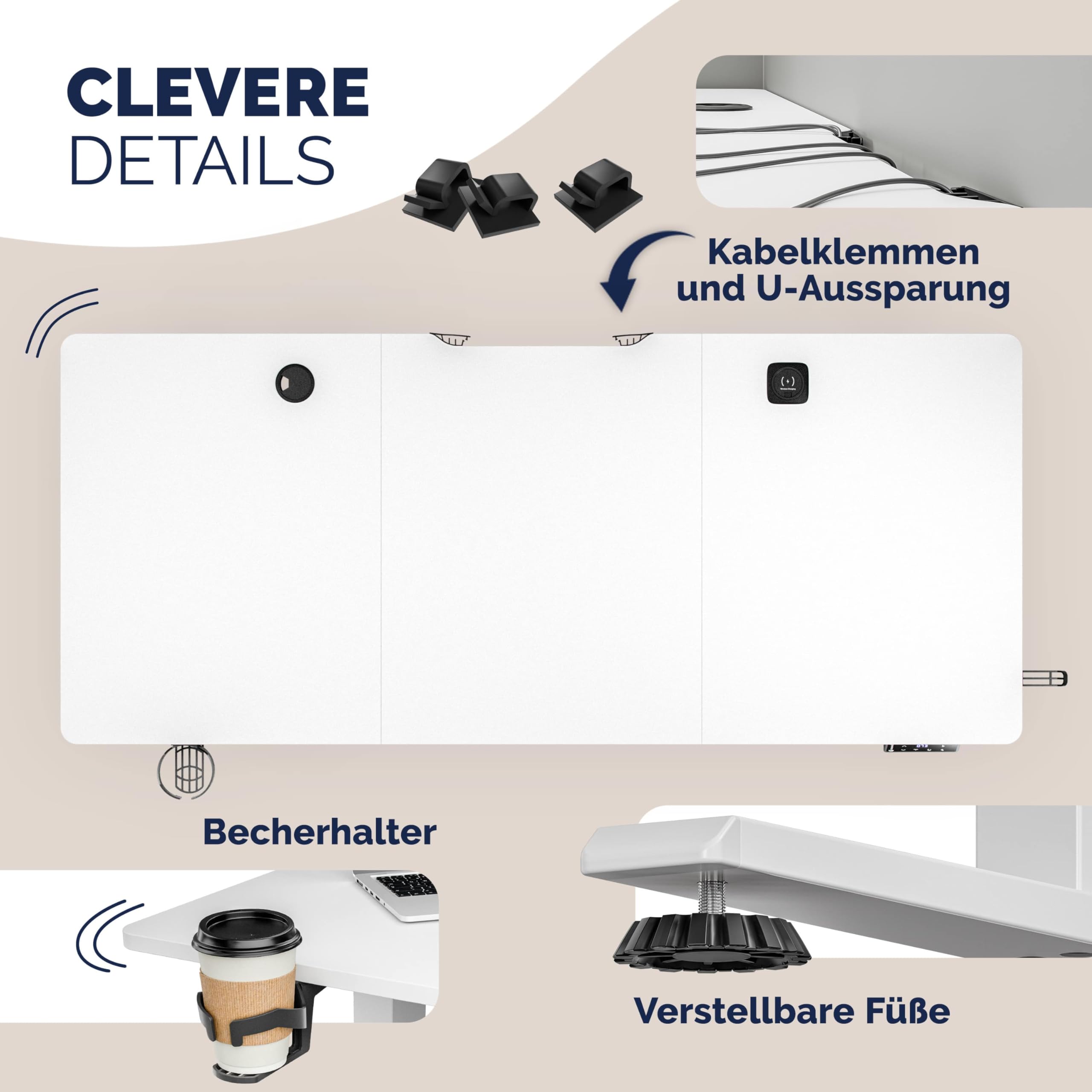 Casaria® Höhenverstellbarer Schreibtisch elektrisch 160 x 70 cm mit Wireless Charger & USB-C/A Anschluss LCD-Display Memory-Funktion 80 kg belastbar ergonomisch Weiß