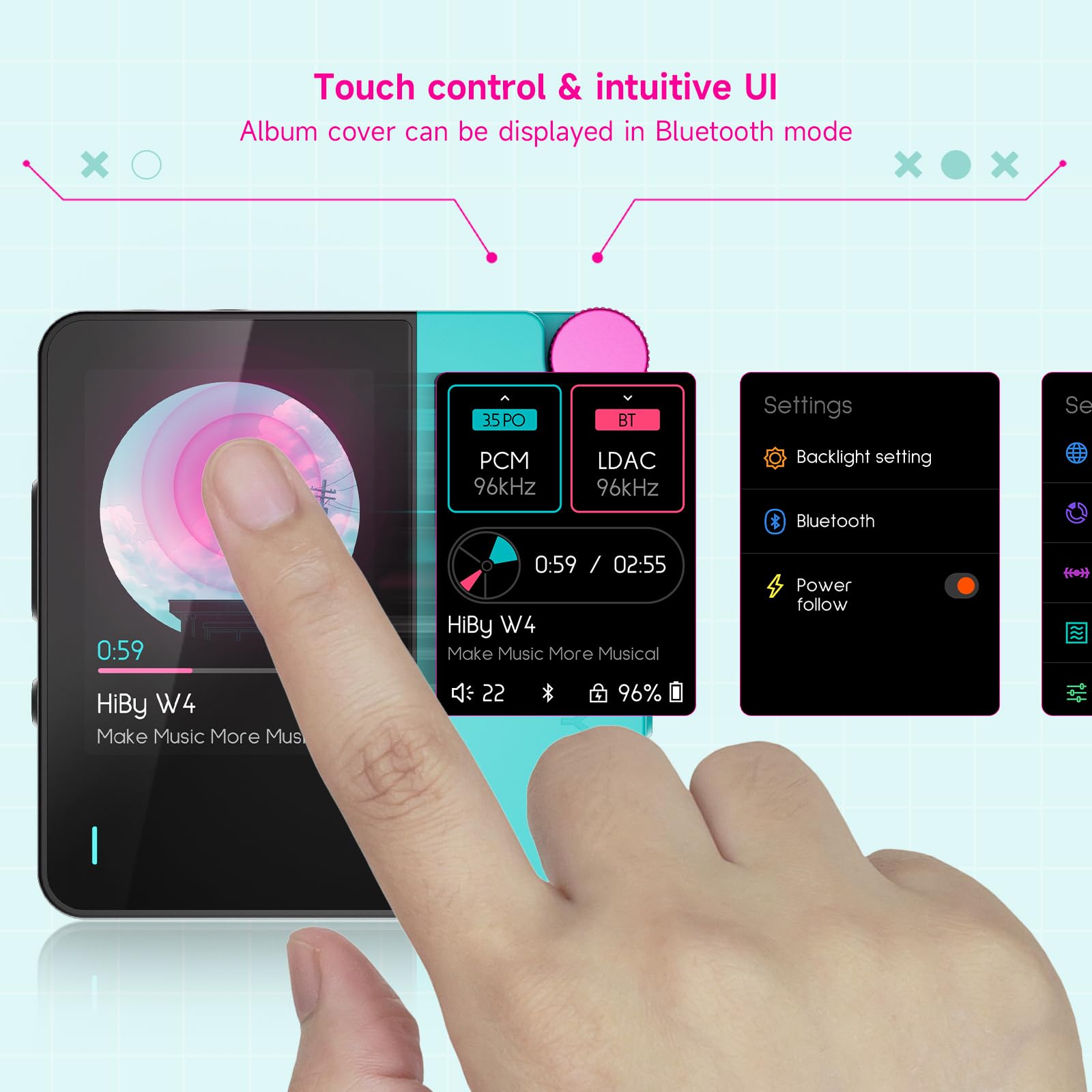 HiBy W4 Bluetooth-Kopfhörer-Verstärker USB DAC, BT 5.4 & NFC, aptX Lossless LDAC, Dual DAC, DSD512 PCM 768 kHz, 5,1 cm Touchscreen, CVC Mikrofon, 3,5 mm & 4,4 mm symmetrischer Ausgang