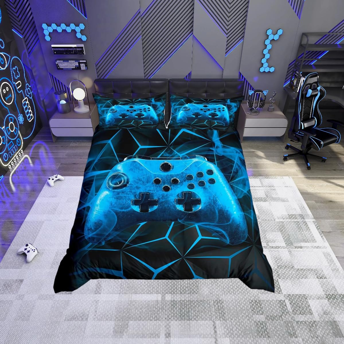 Housse de couette bleue King pour garçons avec boutons de fermeture pratiques