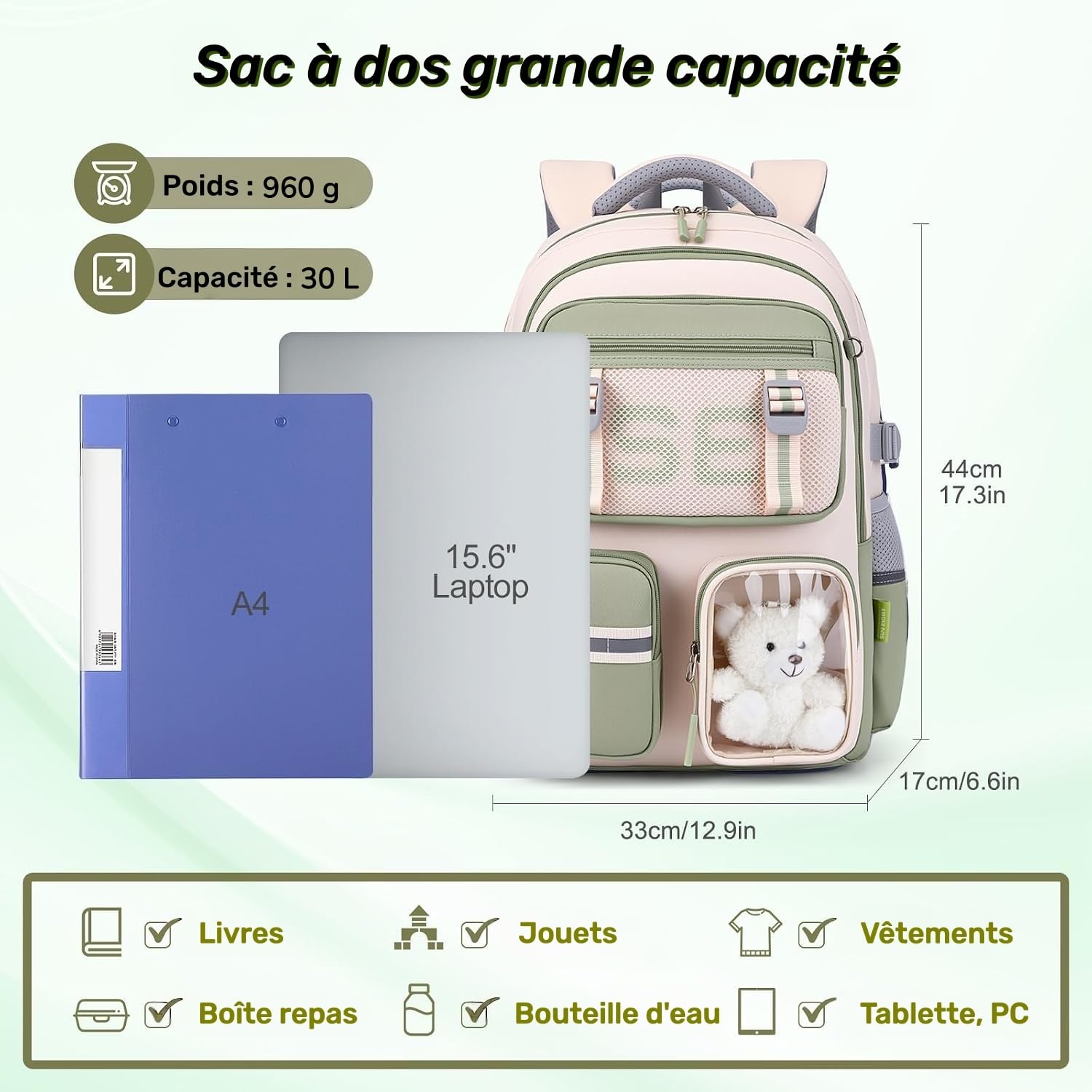 SUN EIGHT Sac à Dos Collège Fille Sac Scolaire Imperméable Léger Vert
