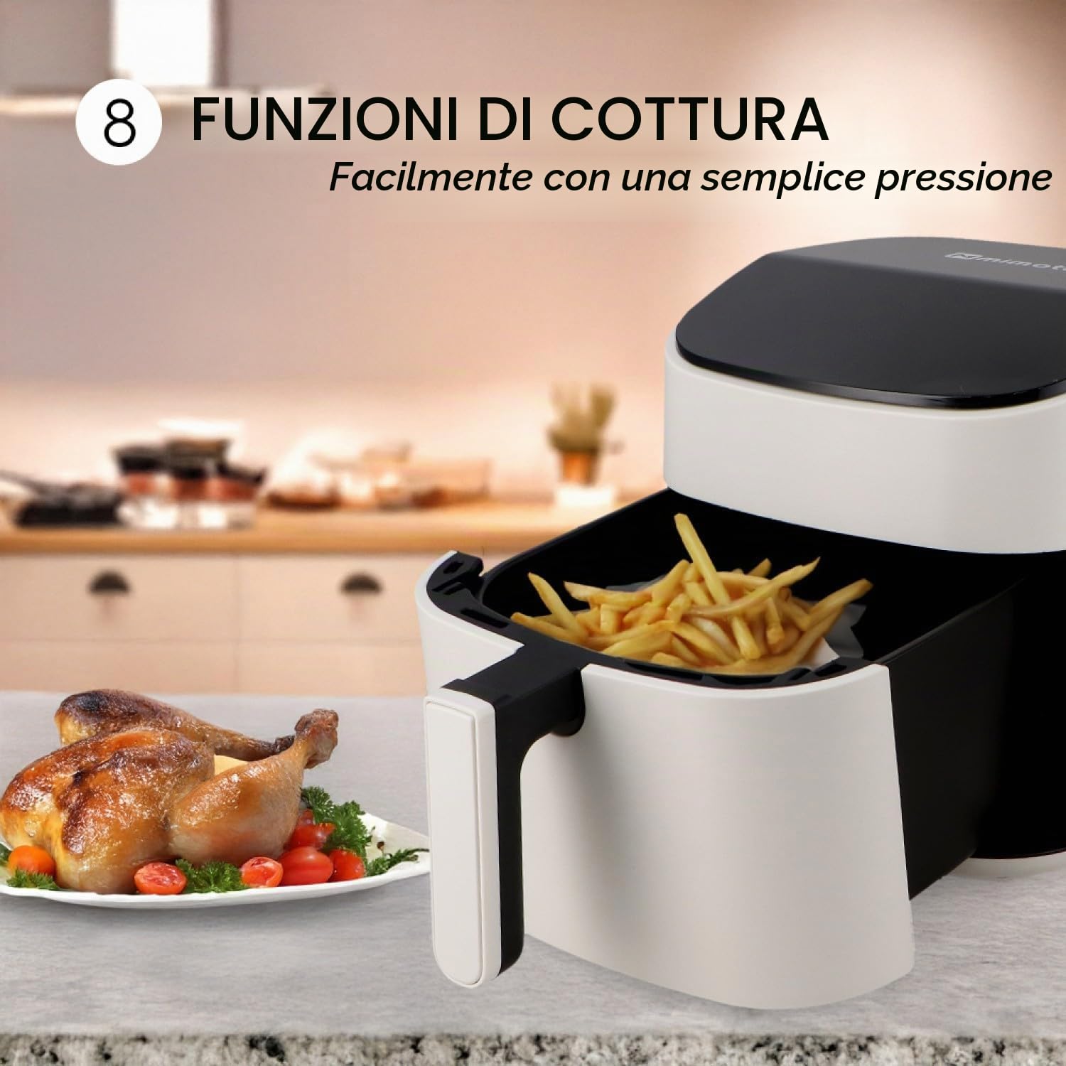 M mimotec – Friggitrice ad Aria White Sara Touch 6,5L, senza Olio, 1600W, 8 Menu Digitali, Display Touch, Funzione Grill, Timer Regolabile, Temperatura 80-200°C, Cucina Facile e Sana