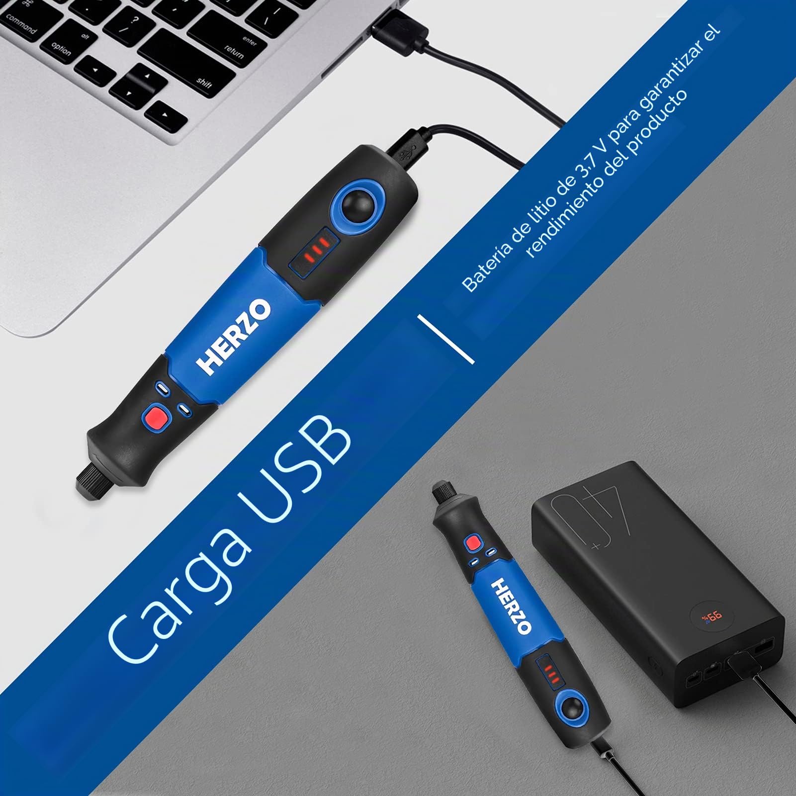 HERZO Mini Amoladora， 3.7V Amoladora Electronica DC y USB recargable con y 32 pcs Accesorios 3 velocidad variable para los DIY trabajos de Pulido Abrasivo y Corte