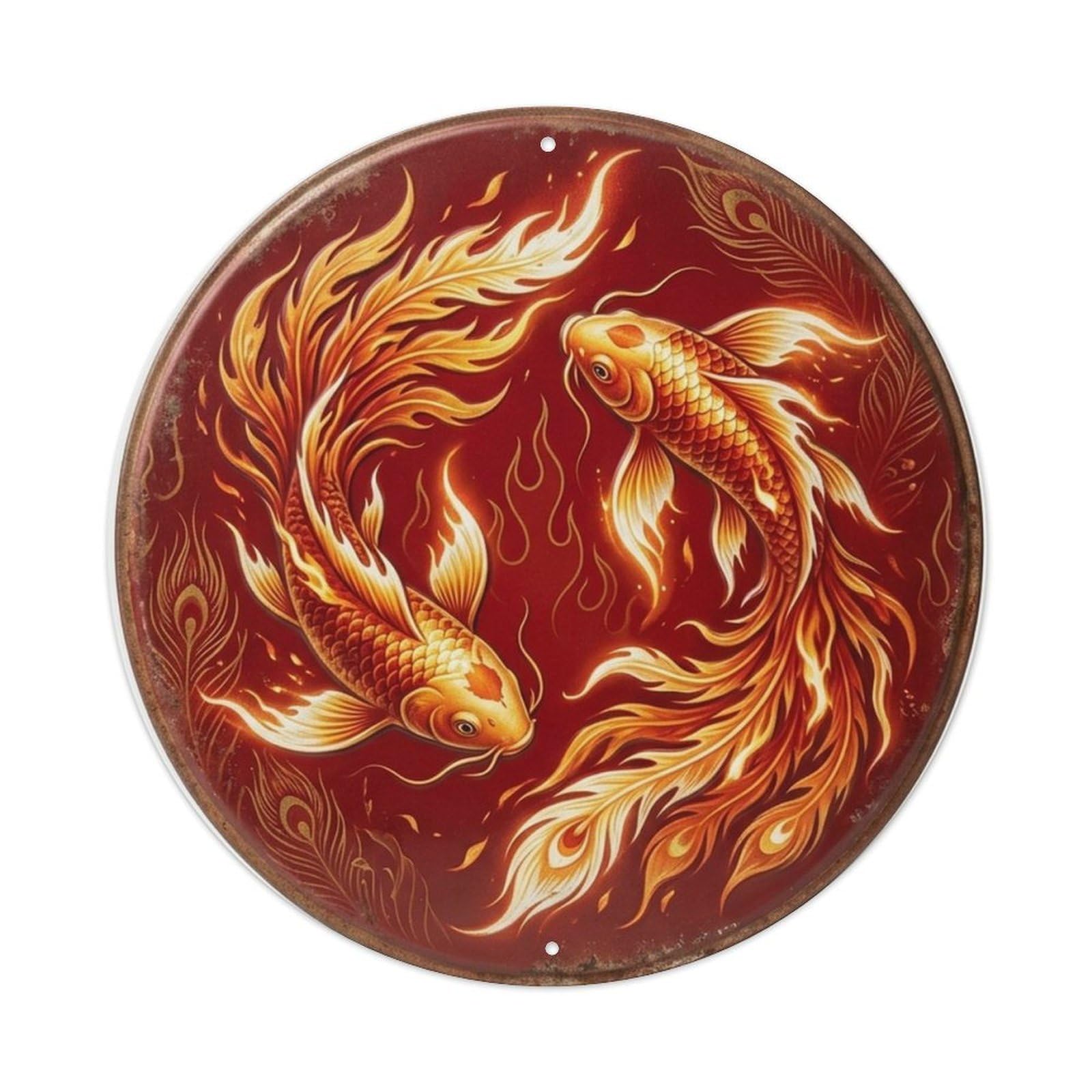 Zen Water Garden Koi Crimson Phoenix Dance Oriental Pond Metal Tin Sign Plaque Wall Decor for Cafe, Man Cave, Club Bar, Office, Home Garden Round Metal Poster 8x8Inch