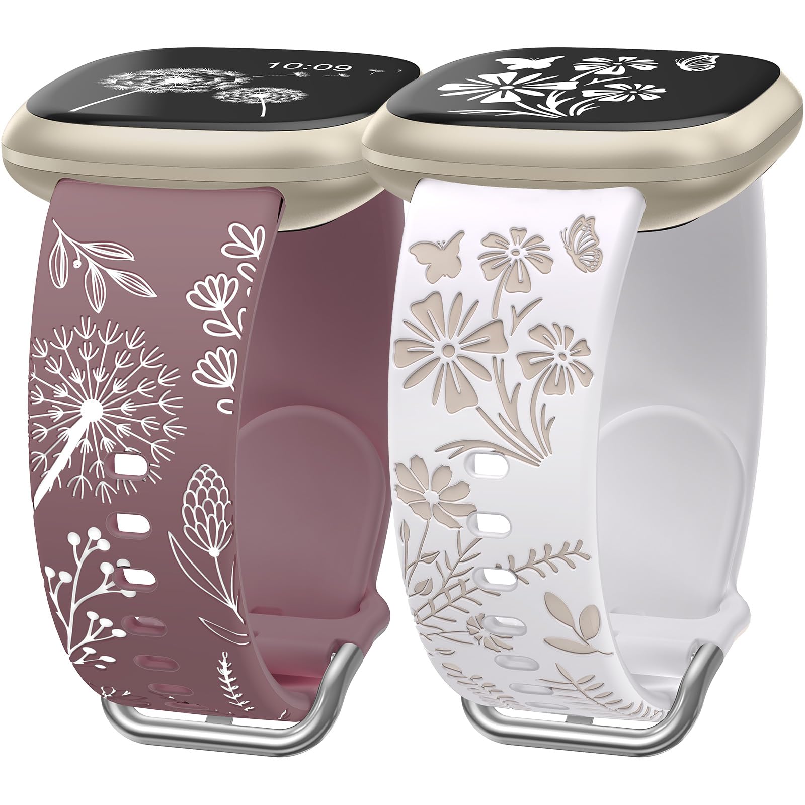 Wearlizer 2 Pack Floral Engraved Strap Compatible with Fitbit Versa 3 Straps/Versa 4 /Sense 2/Sense Bands Women