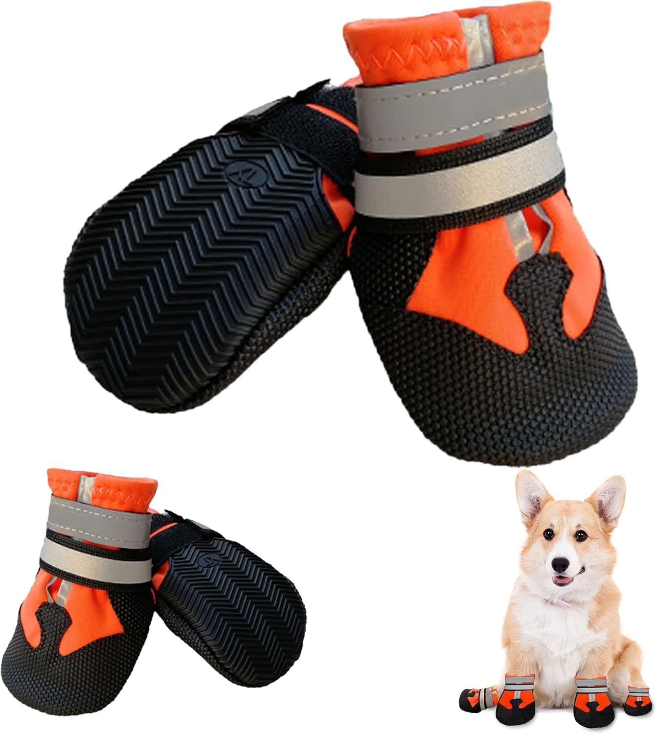 Dog Shoes Protective Dog Boots Set of 4 Waterproof Dog Shoes with Safe Reflective Straps, Rugged