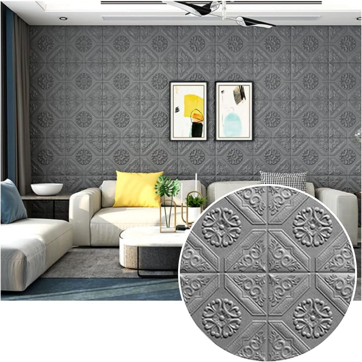 HAILM 10Pcs Foam Wall Panels, Peel and Stick 3D Wallpaper Wall Stickers, Waterproof Ceiling Tiles Self Adhesive, 0.3cm Thick for Home DIY Decoration - 35X35cm,Gray