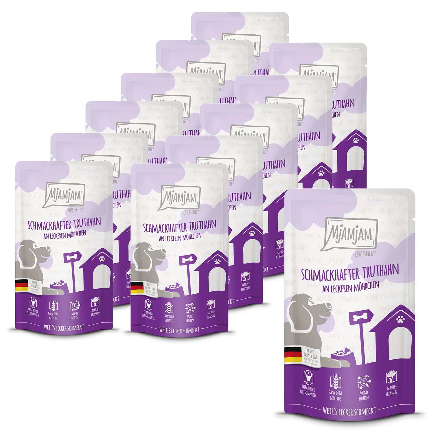 MjAMjAM - Premium Nassfutter für Hunde - Quetschie - schmackhafter Truthahn an leckeren Möhrchen, 12er Pack (12 x 125g), getreidefrei mit extra viel Fleisch