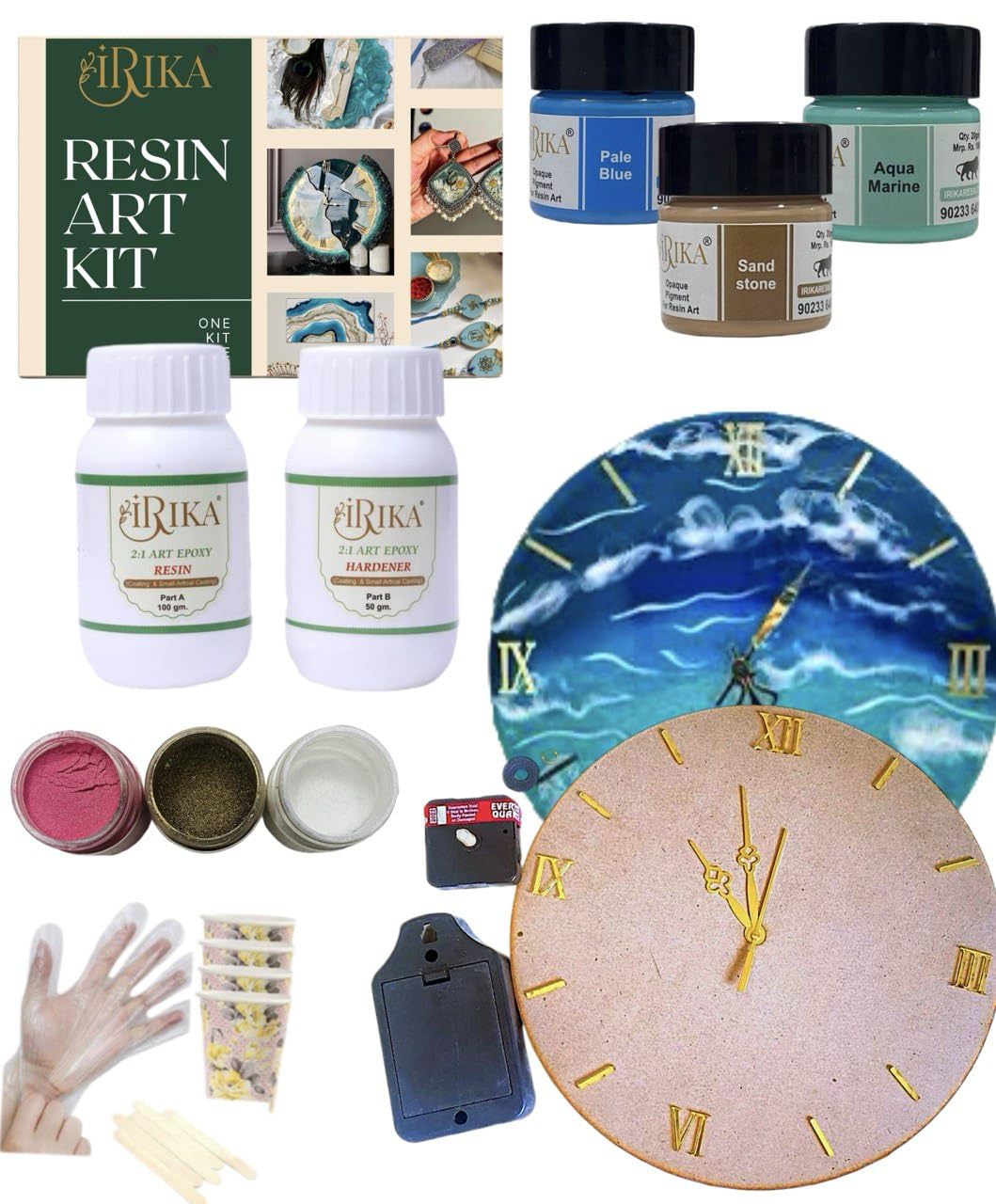 EpiLux IRIKA Ocean Clock Resin Kit – 150g 2:1 Resin Set (100g Resin + 50g Hardener) | 12" MDF Base, Ocean Pigments, Mica Powders, Clock Parts & DIY Tools
