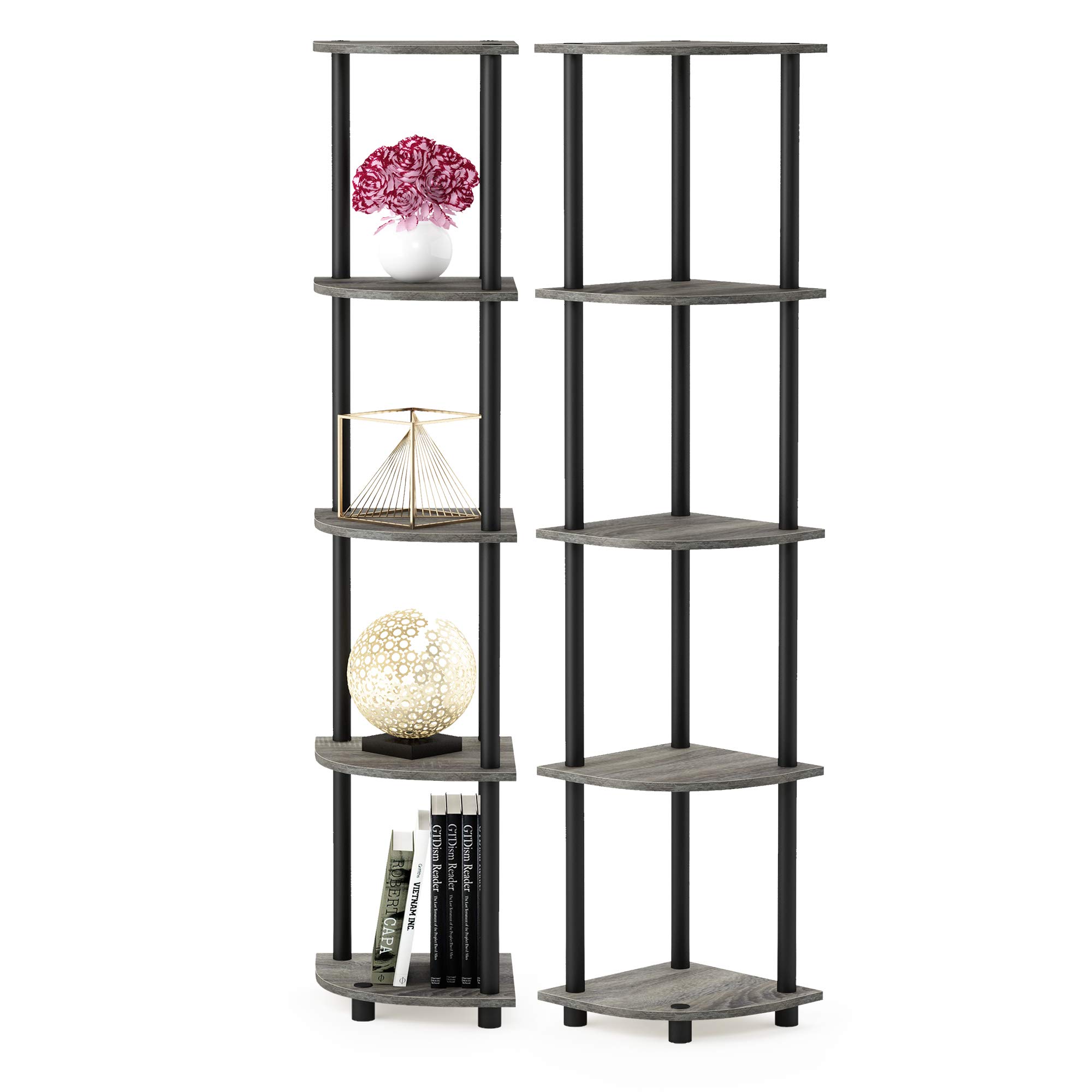 Furinno 5-stufiges Eckdisplay-Mehrzweckregal, holz, French Oak Grey/Black, 29.46 x 29.46 x 146.56 cm