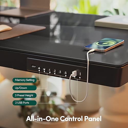 Miniatura 4 de FEZIBO Escritorio eléctrico de pie con cajones de 48 × 24, escritorio de cristal de altura ajustable de una pieza, escritorio de pie ajustable de