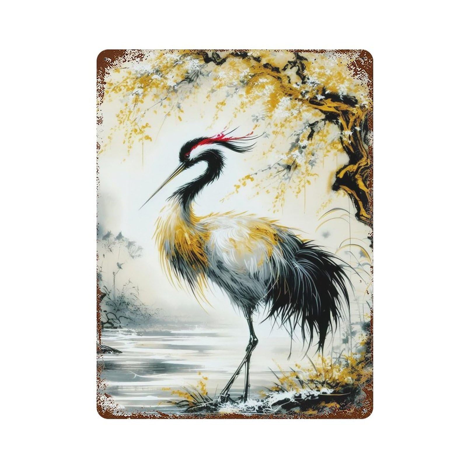 Crane in Watercolors Weathered Tin Sign 15.7"x11.8", for Patio, Garden Room And Bar Decor, Farmhouse Wall Decor