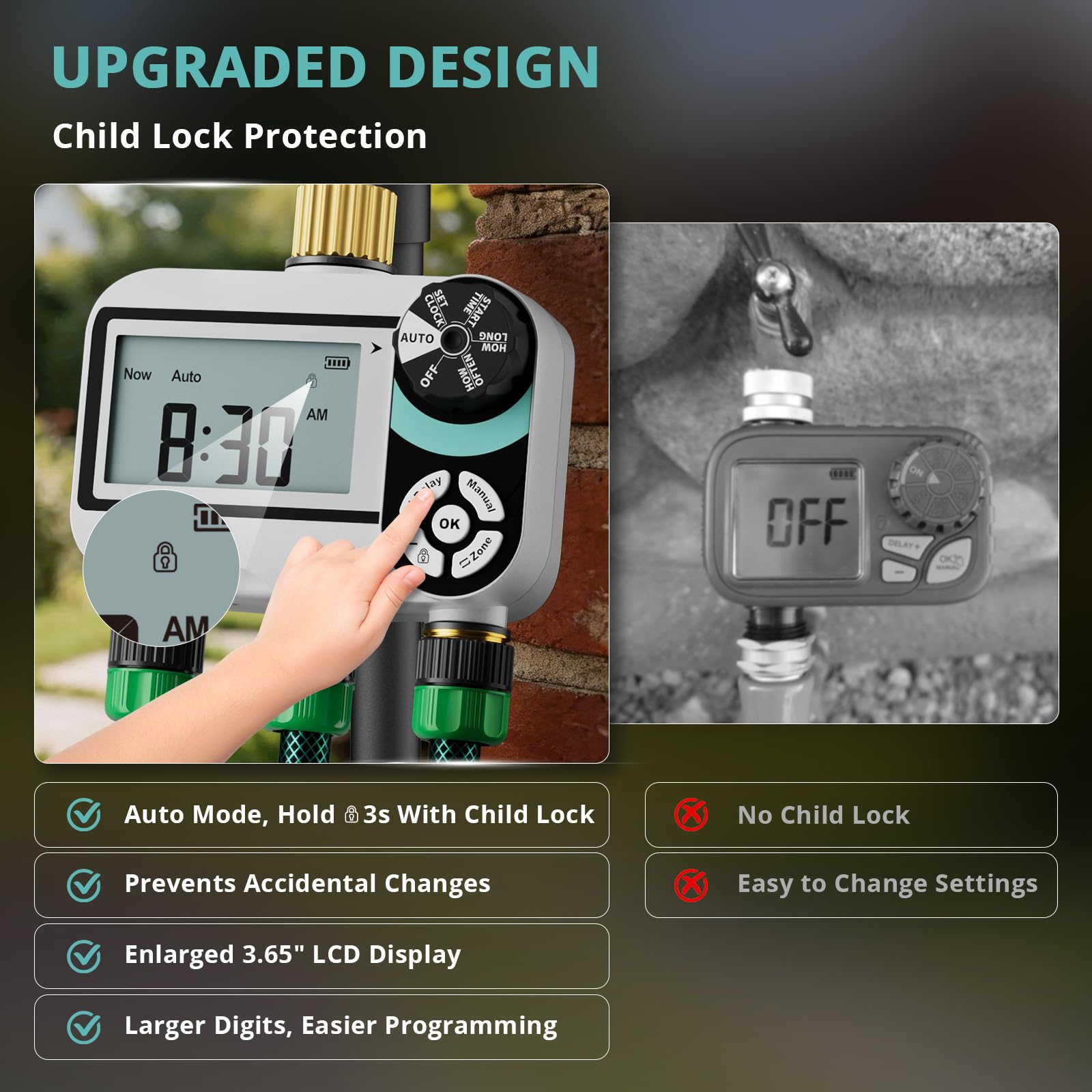 QUOBAS Timer per irrigatore per tubo da giardino, programmabile in ottone, timer digitale dell'acqua con blocco bambini, ritardo pioggia/auto/manuale, 3 modalità, grande schermo impermeabile