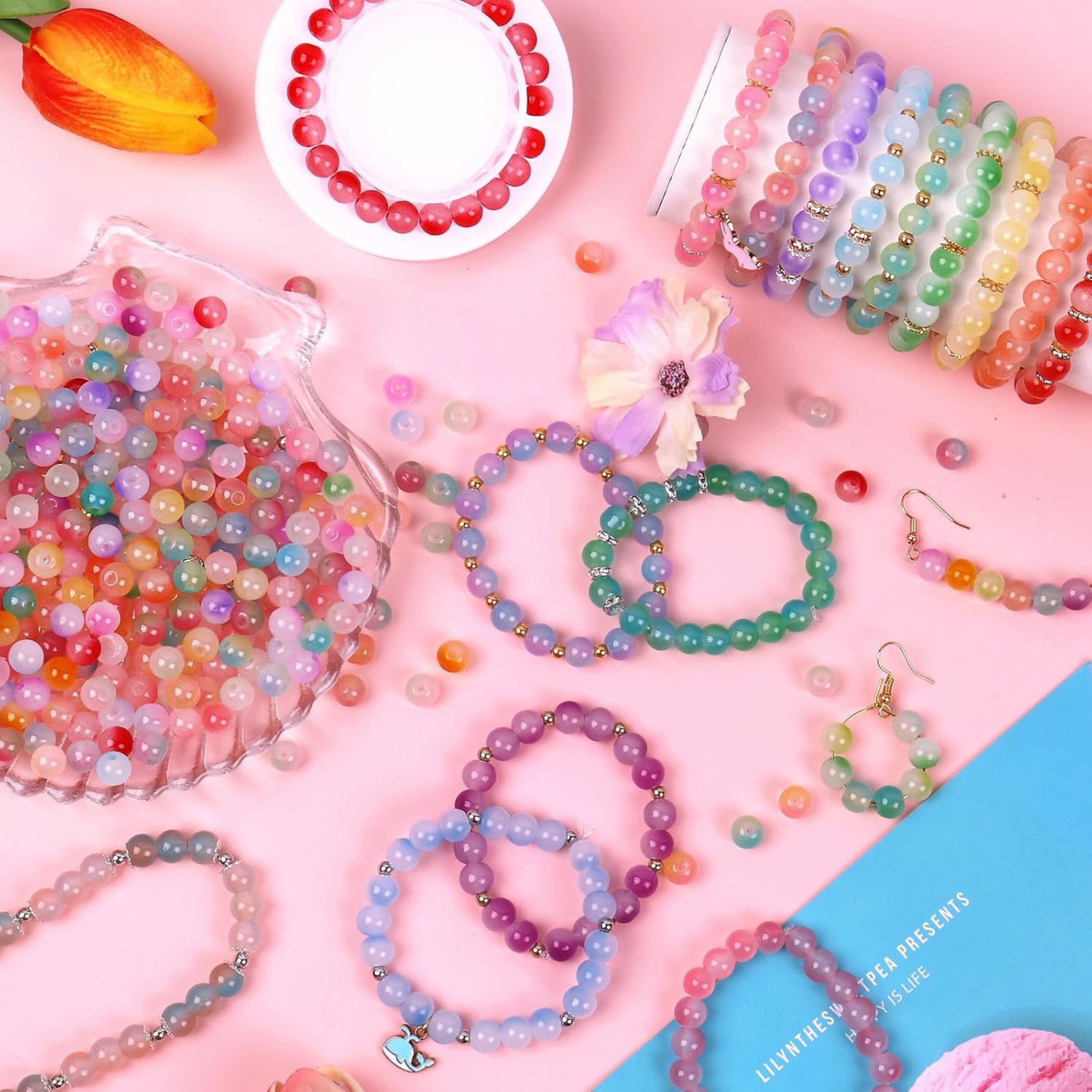 Wuollgess 1700Pcs 8mm Glass Beads for Jewelry Making, 48 Colors Crystal Beads for Bracelet Making Kit Round Beads DIY Craft for Teen Adults, 2 Box - Image 3