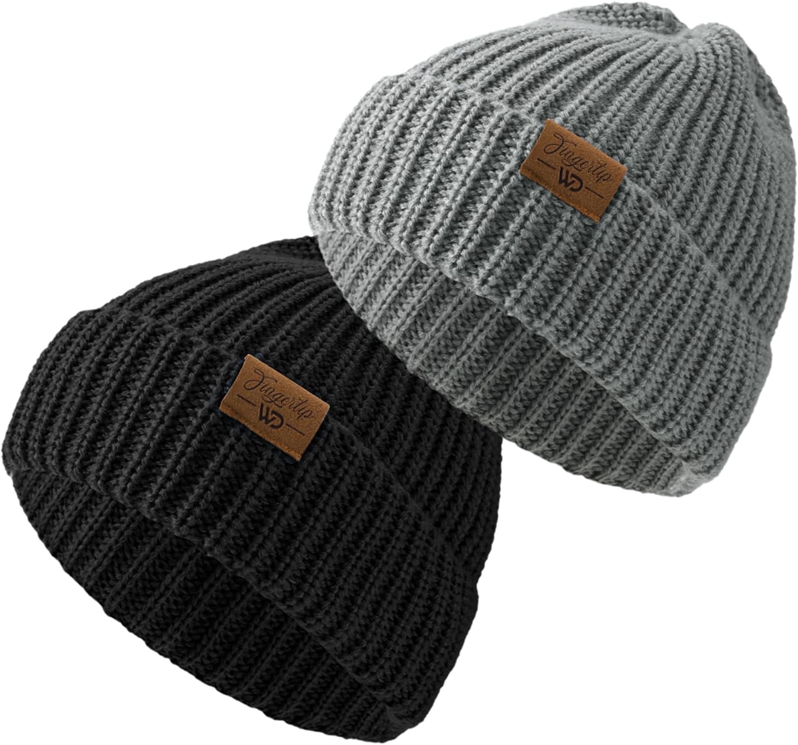 2 Pack Beanie for Men Women Warm Winter Cuffed Knit Hat Soft Thermal Ski Hat Unisex,Black and Gray