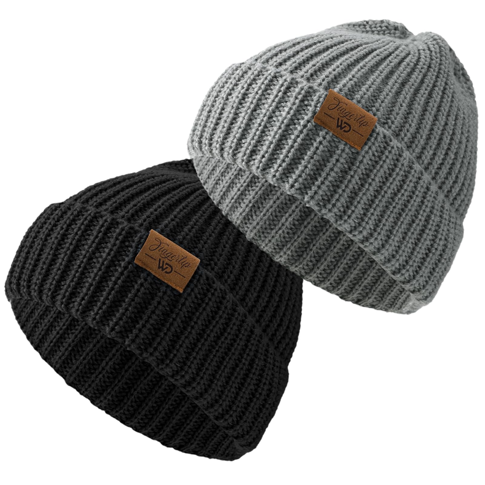 2 Pack Beanie for Men Women Warm Winter Cuffed Knit Hat Soft Thermal Ski Hat Unisex,Black and Gray