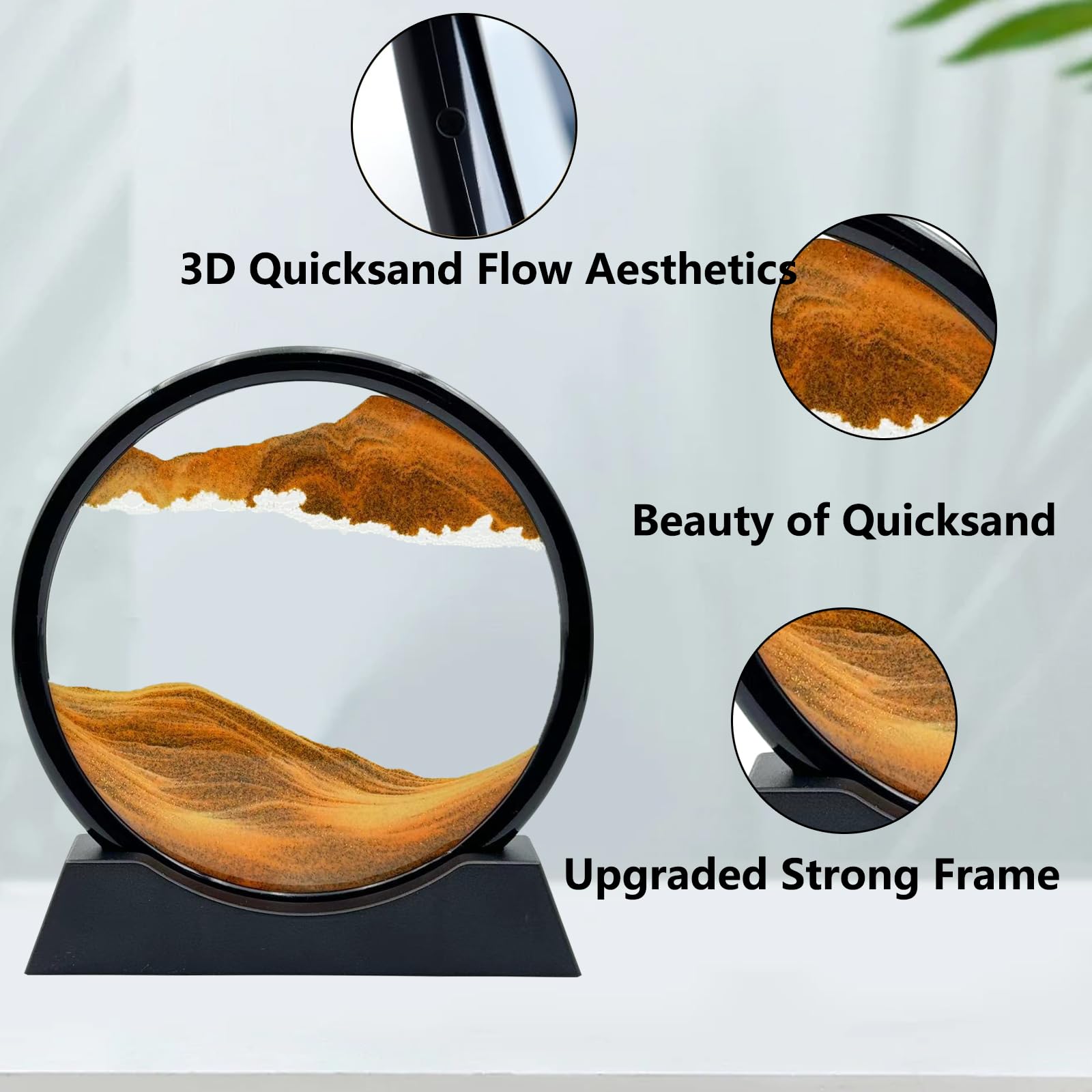 AzureLeap Pittura di Sabbia Che Scorre,Immagine di Arte della Sabbia in Movimento Vetro Rotondo Paesaggio di Sabbia del Mare Profondo 5D Cornice Che Scorre, Rilassante Desktop Home Office Work Decor