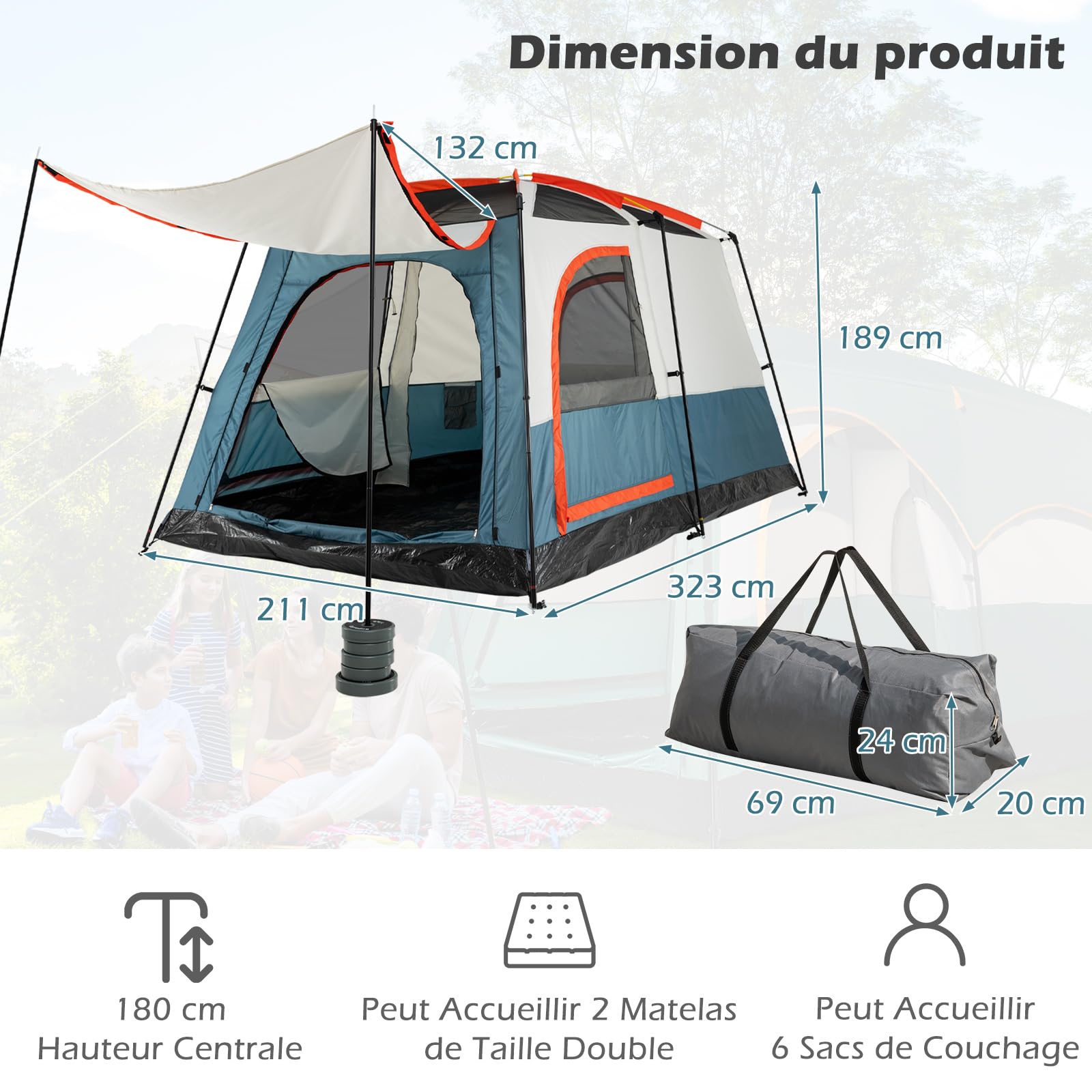 GOPLUS Tente de Camping pour 6 Personnes avec 2 Chambres Séparées, Double Couche & Double Toit, Bâche PE & Fenêtres en Filet, Tente Familiale Imperméable et Coupe-Vent avec Sac de Transport