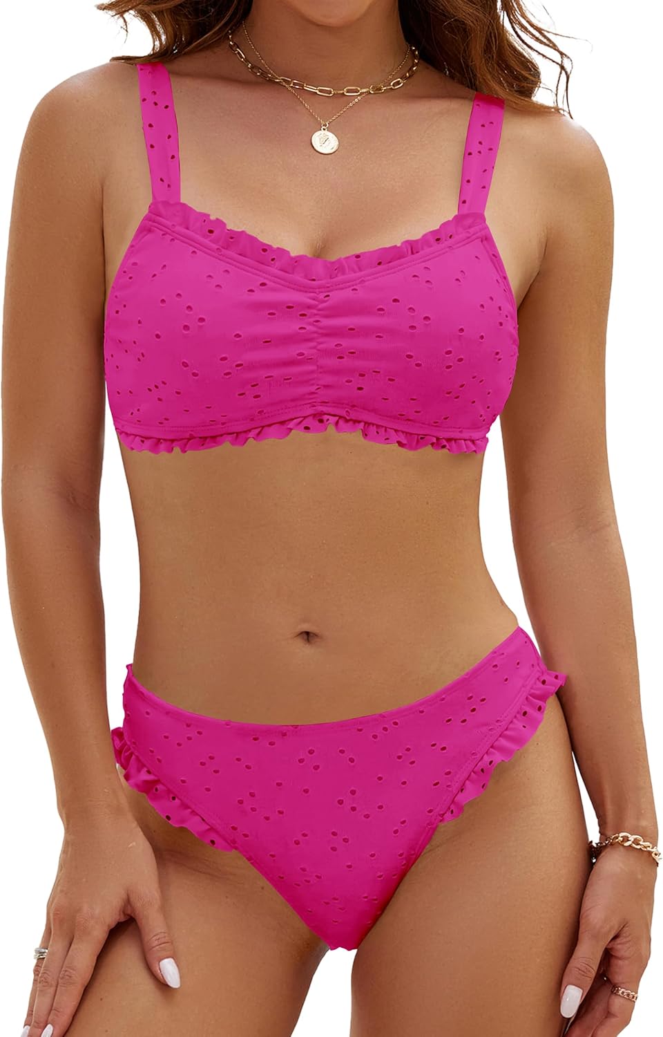 Blooming Jelly Womens Bikini Set Two Piece Ruffle Bandeau Bathing Suits Cheeky High Cut Cute Eyelet Swimsuit