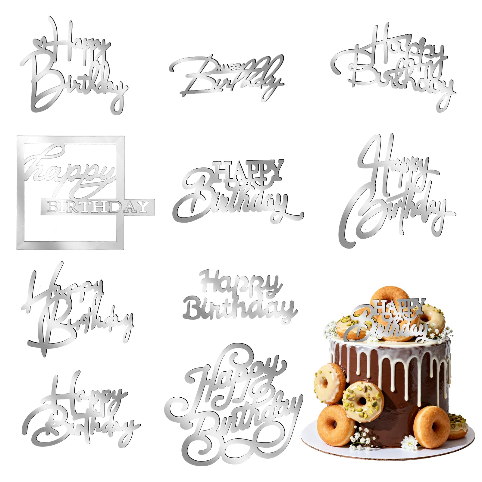Photo 1 of 10 PCS Silver Happy Birthday Cupcake Topper, Multiple Styles Acrylic Cake Toppers, Silvery Cakes Decorations Inserts Set for Birthday Party Cake Desserts Pastries Baker Making Supplies