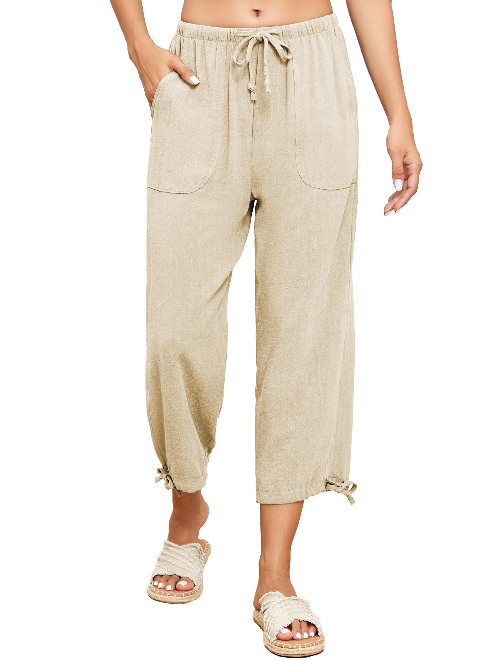 Famulily Womens Capri Pants High Waisted Wide Leg Lounge Linen Pant Drawstring Causal Palazzo Trousers with Pockets