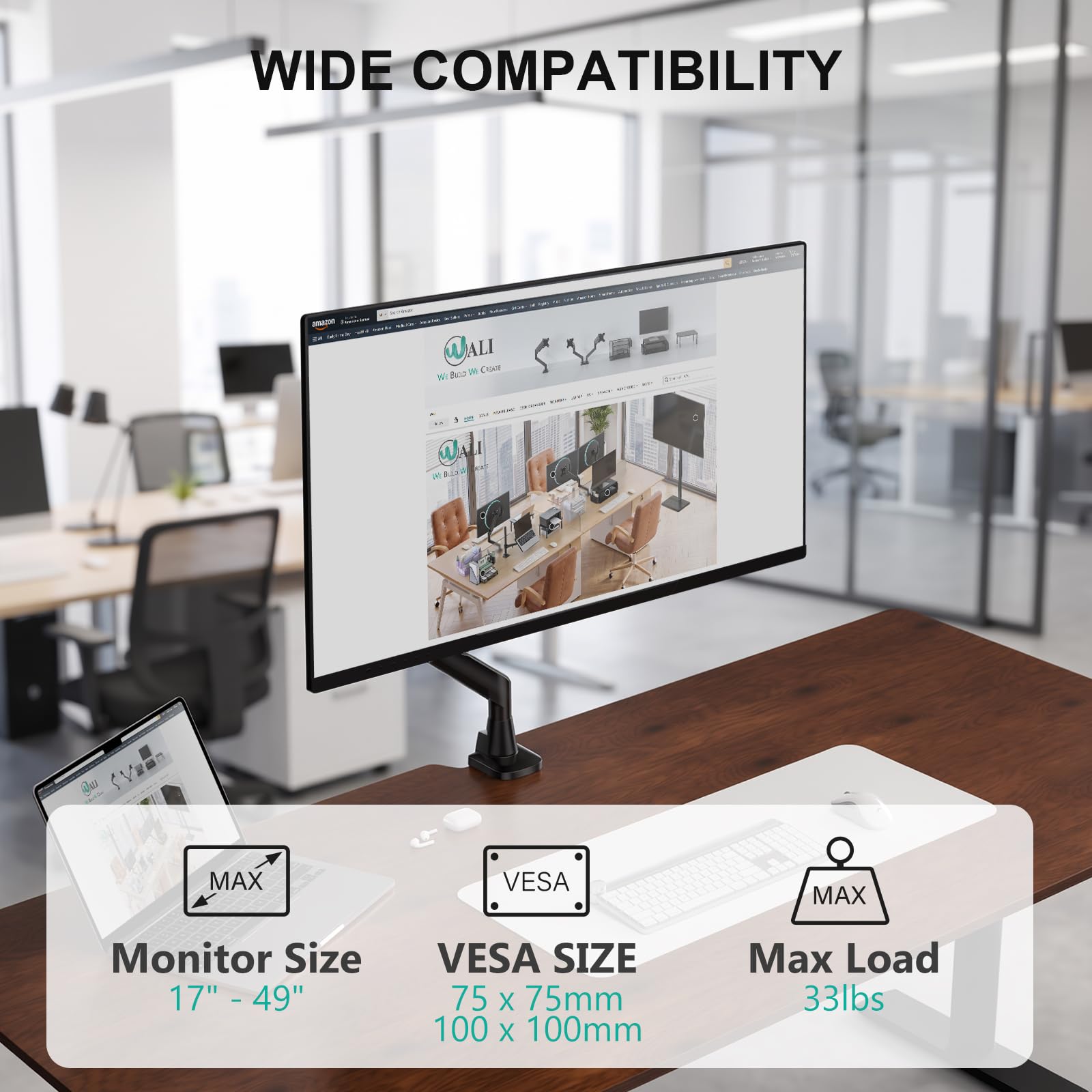 WALI Braccio singolo per monitor con supporto da scrivania per schermi da 17-49 pollici, supporta fino a 15 kg, supporto per monitor VESA completamente regolabile, molla a gas resistente, per giochi e