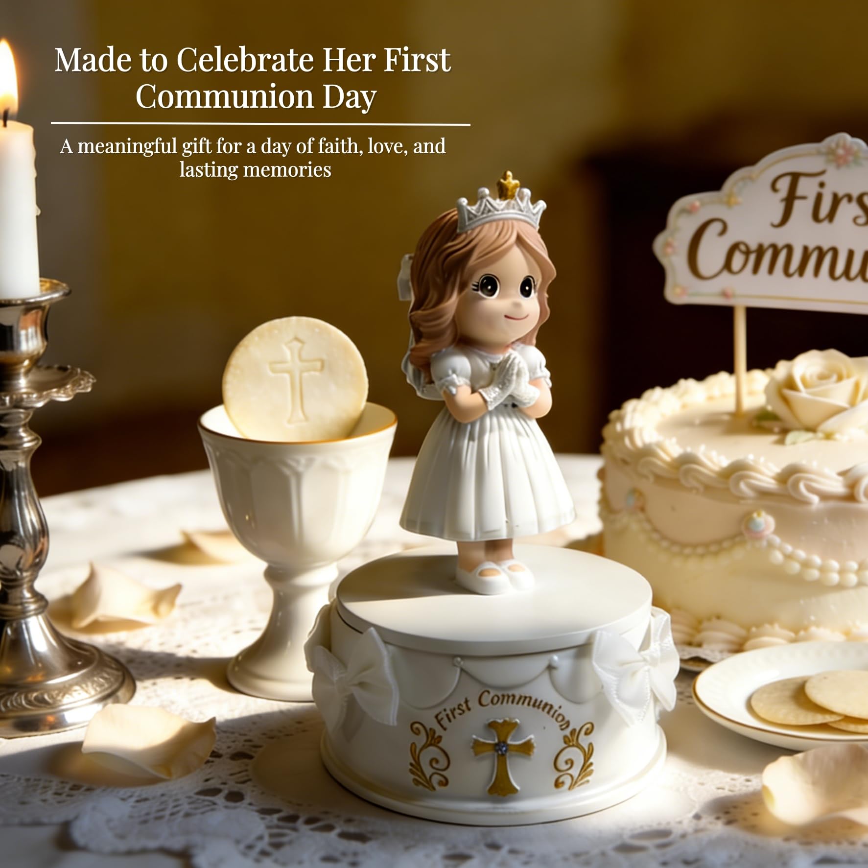 First Communion Gifts for Girls - 1st Holy Communion Gift with Prayerful Girl Figurine, Keepsake Box & Pearl Bracelet - Religious Keepsake Gift for Girls