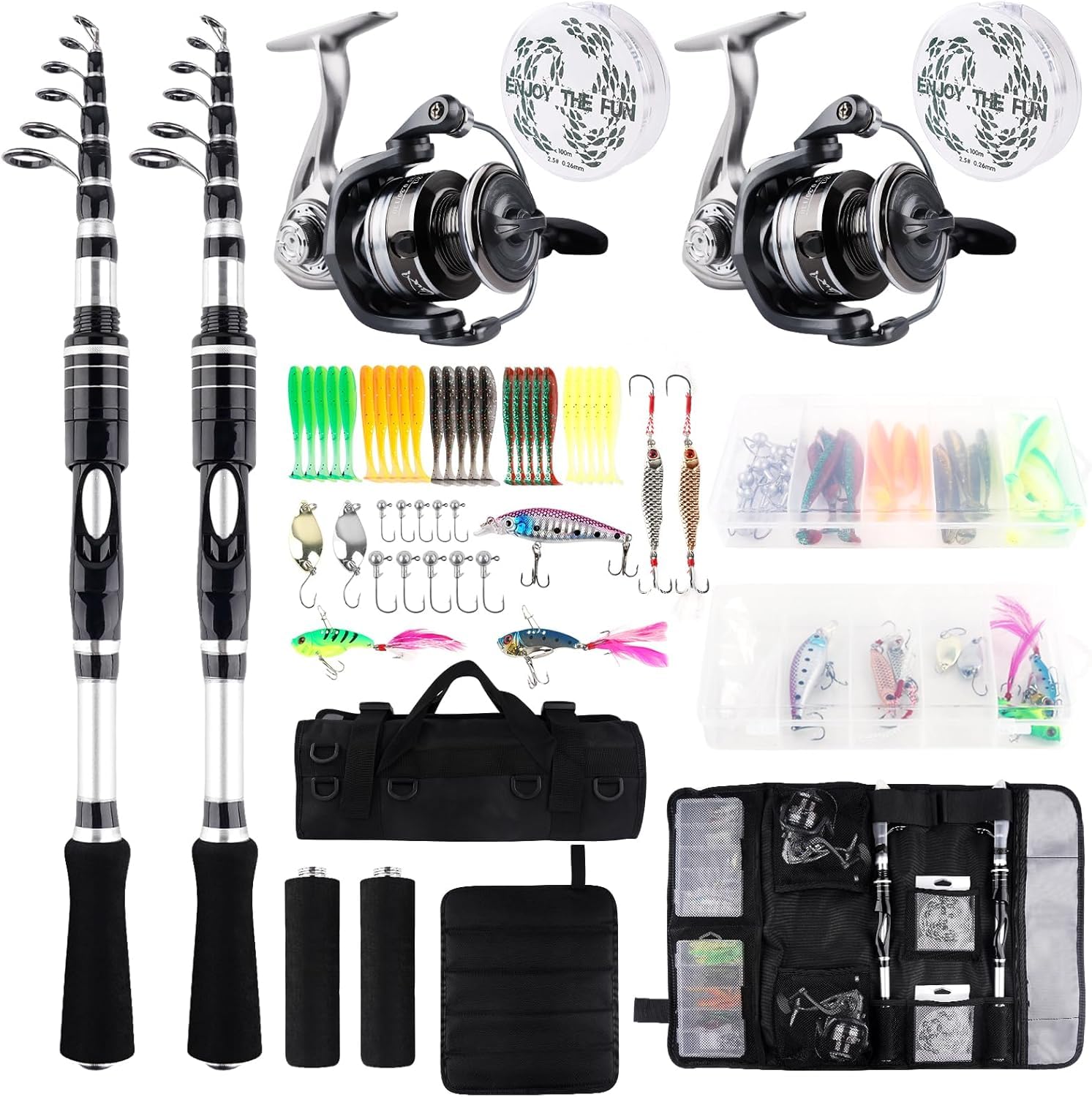 Hikary Lot de 2 cannes à pêche télescopiques et moulinets Combo Set 2,10 m Moulinet de spinning portable Leurres et accessoires avec sac de rangement Eau salée et eau douce