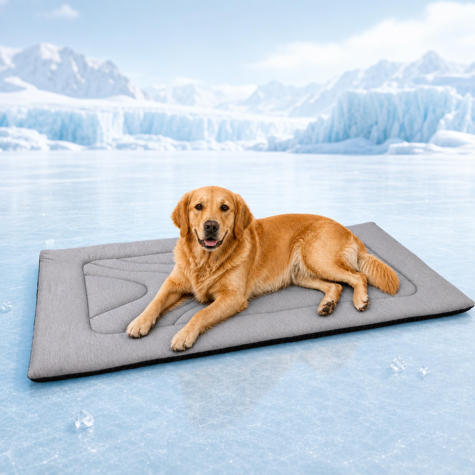 Tapis Rafraîchissant Chien sans Gel, Q-Max ≥ 0,4, 90×65/120×75 cm | Surface PE Q-Max ≥ 0,4, rembourrage env. 3 cm, base antidérapante et lavable pour la maison, la voiture et la cage