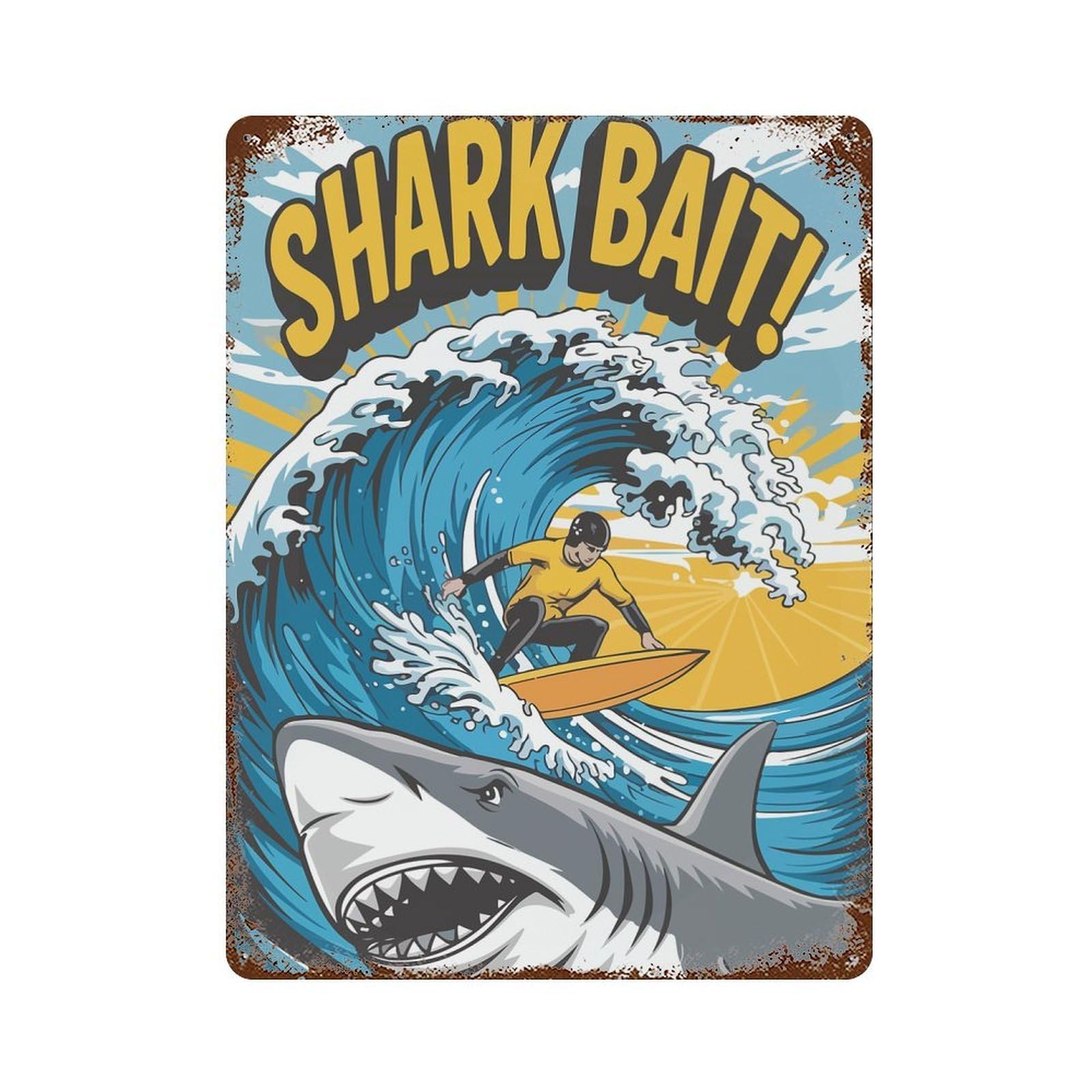 Shark Bait Surfer Rust Effect Tin Sign 15.7"x11.8", Rustic Home Decor for Garage, Bar And Workshop Decor