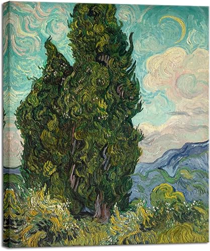 Wieco Art Cypresses by Van Gogh - Lienzo clásico para pared, pinturas al óleo famosas, cuadro de árbol verde, listo para colgar para decoración del Wieco Art Cypresses by Van Gogh - Lienzo clásico para pared, pinturas al óleo famosas, cuadro de árbol verde, listo para colgar para decoración del