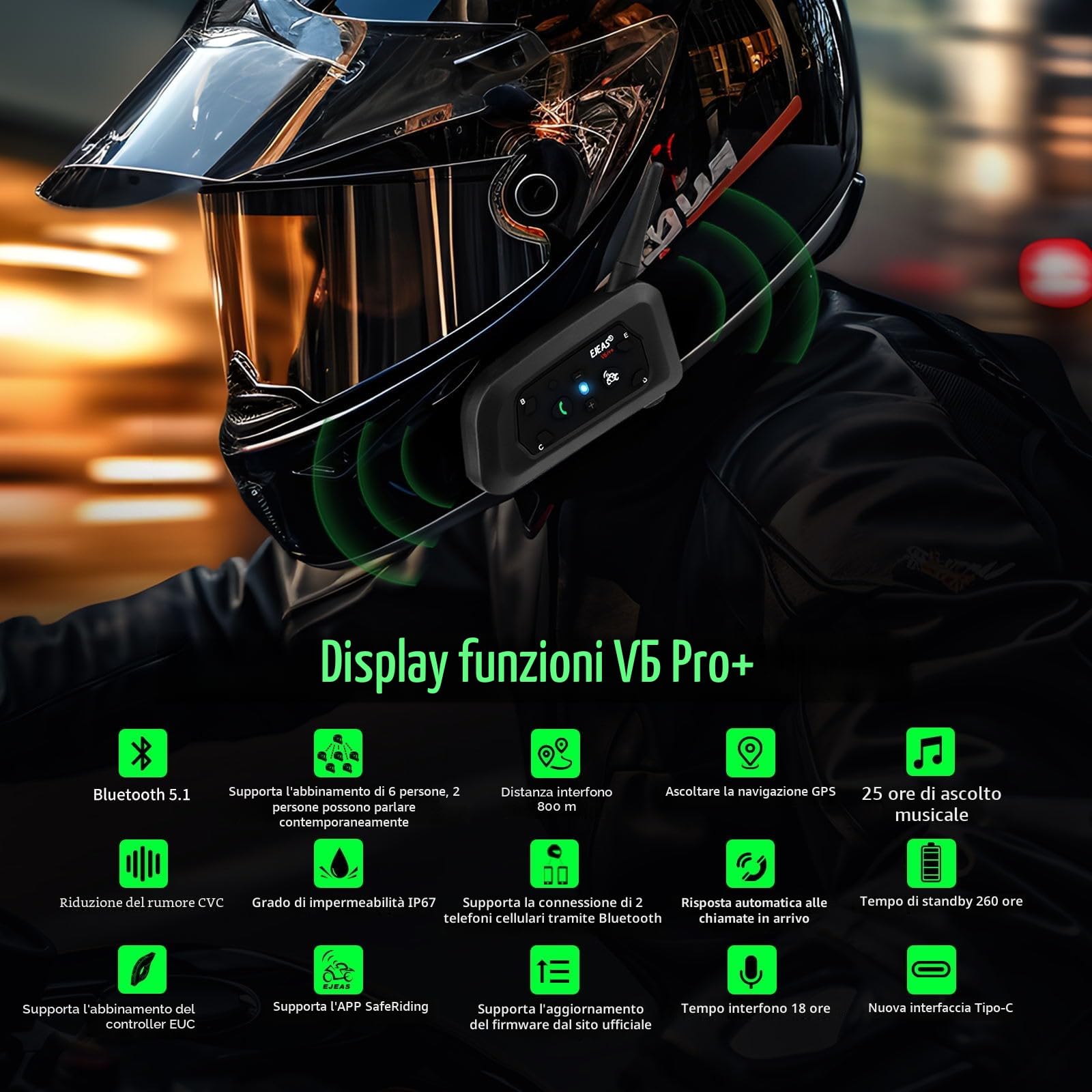 EJEAS V6 Pro+ Interfono Bluetooth per Casco Moto, Sistema di Comunicazione Bluetooth 5.1, Interfaccia Tipo C, 2 Confezione
