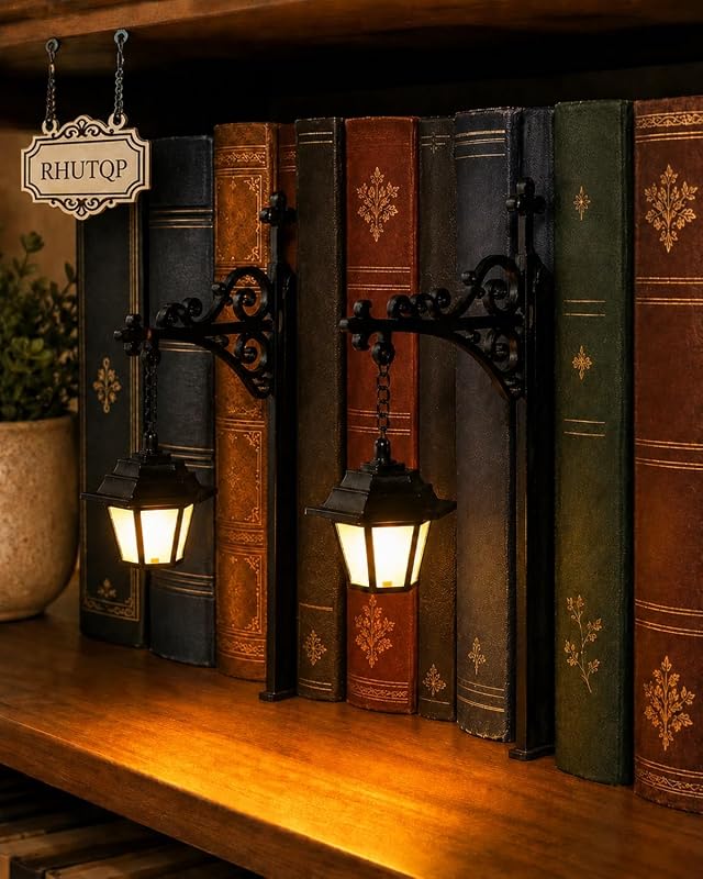 Library Lantern Mini Bookshelf Lamp, Vintage LED Book Nook Light | Two Decorative Styles | Warm LED Glow | Iron Hanging Bracket | Between-Book Placement | Reading Nook Decor