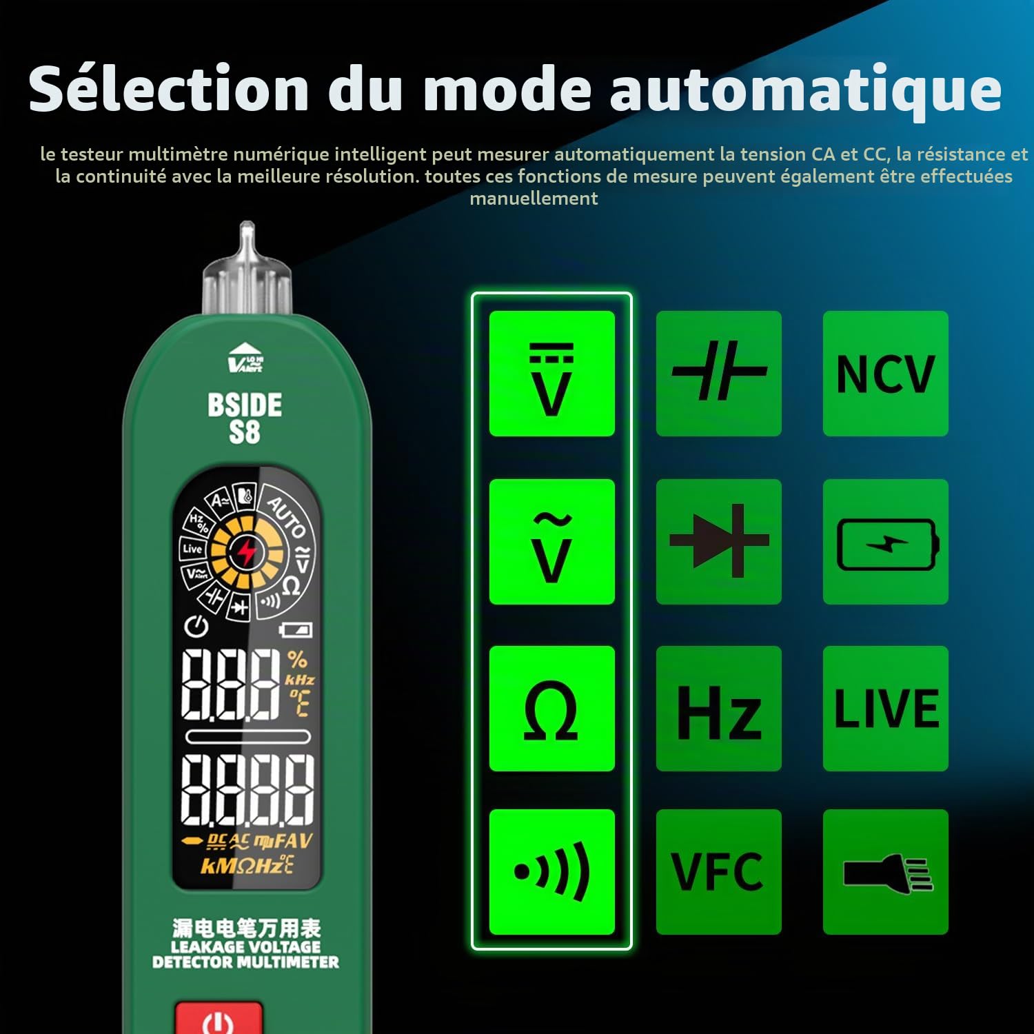 BSIDE S8 Multimètre Numérique Intelligent Stylo Détecteur de Tension Testeur de Fuite Électrique 3 en 1 Grand Écran Couleur Testeur Automatique Rechargeable de Tension AC DC Ohm et Continuité