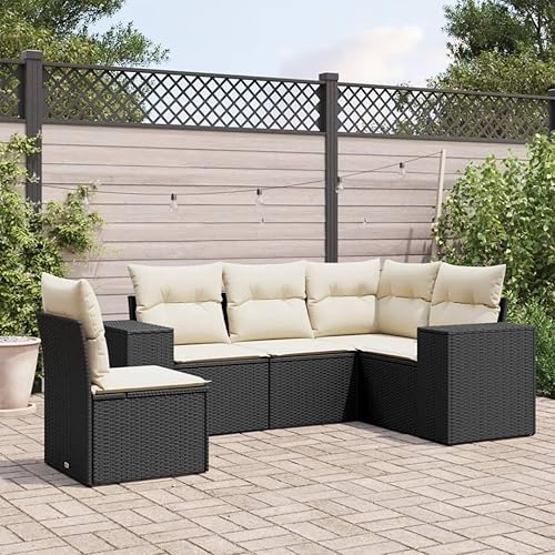5-Piece Garden Sofa Set in Black and Cream White, Modern Outdoor Furniture with Modular Design, Weather-Resistant Poly Rattan Construction, Ample