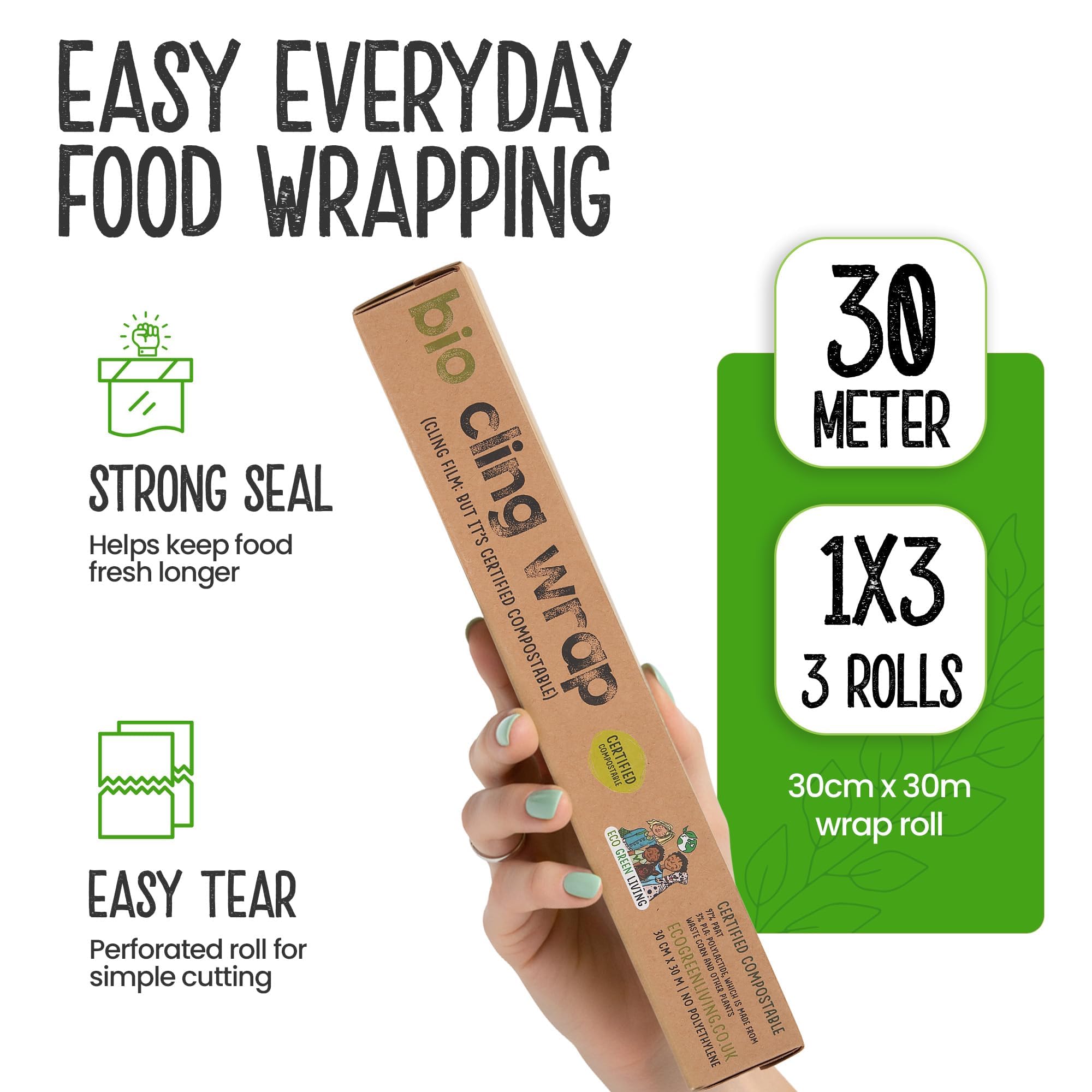 Pellicola trasparente biodegradabile Eco Green Living, 100% compostabile, senza BPA e plastica, vegana, adatta a dispenser in cartone riciclabile. Confezione da 3 rotoli da 30 cm x 30 m